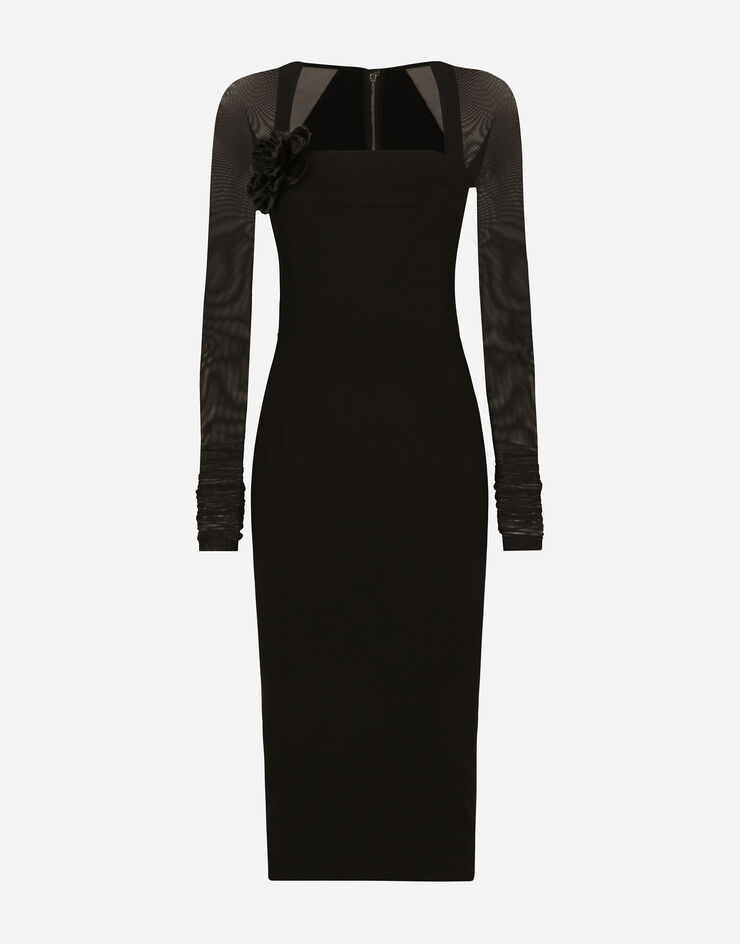 Dolce & Gabbana Jersey calf-length dress with tulle sleeves Noir F6DLXTFUGN7