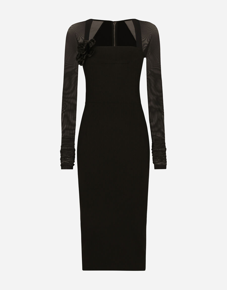 Jersey calf-length dress with tulle sleeves
