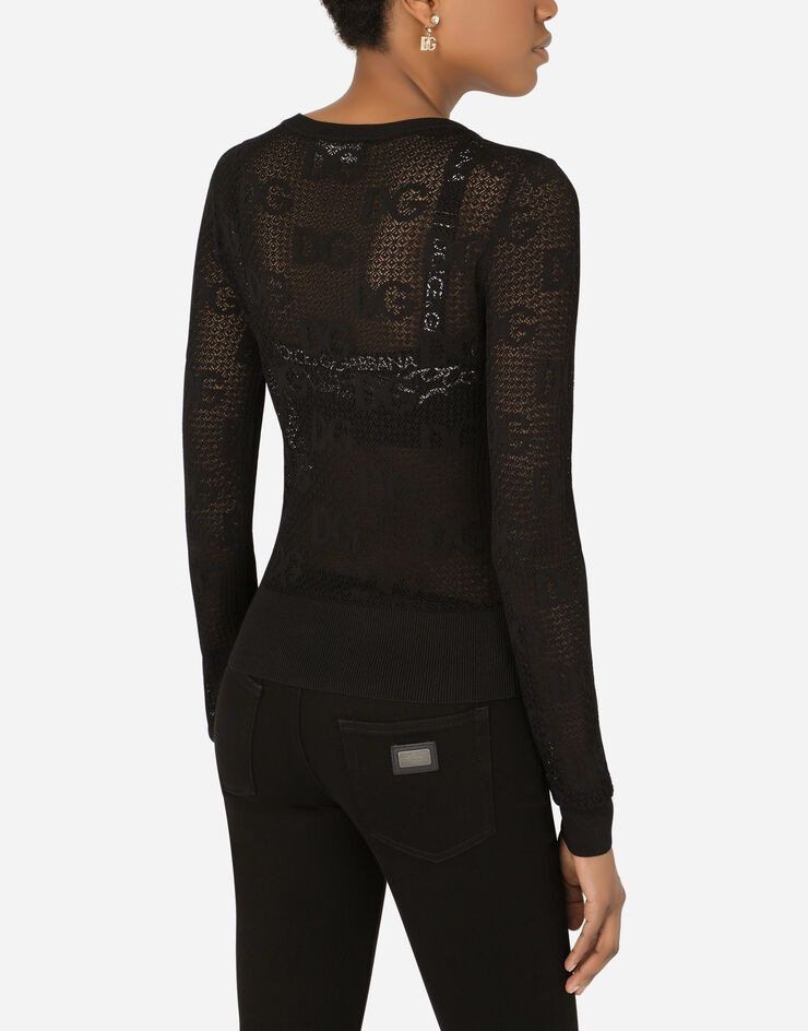 Dolce & Gabbana Long-sleeved lace-stitch sweater with DG logo Black FXD69TJAIEK
