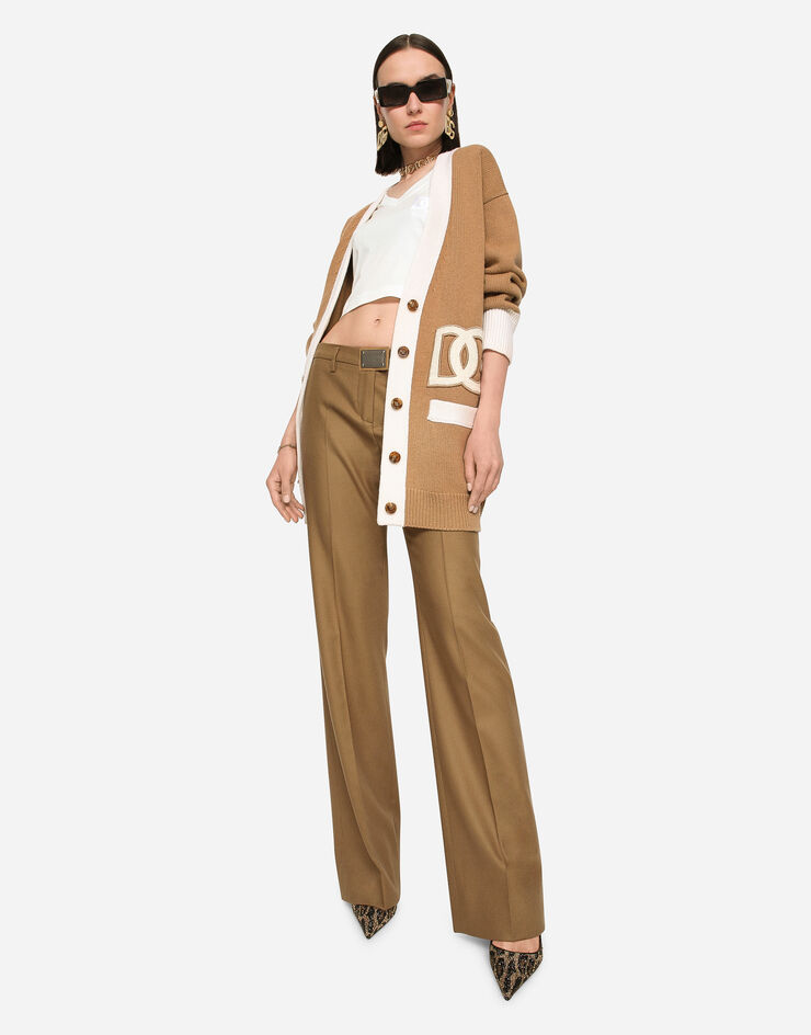 Dolce&Gabbana Flared flannel pants with logo tag Beige FTCZITGDBWW