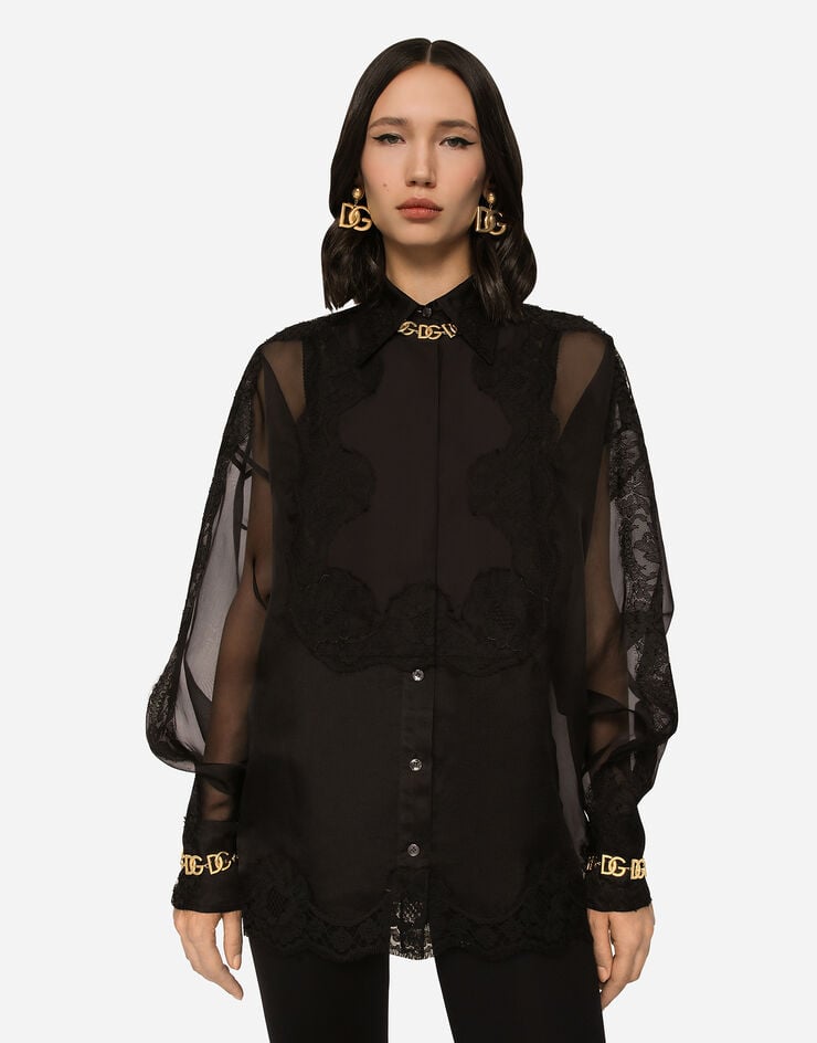 Dolce & Gabbana Camisa de esmoquin en organza con aplicaciones de encaje Negro F5Q31TFU1BU