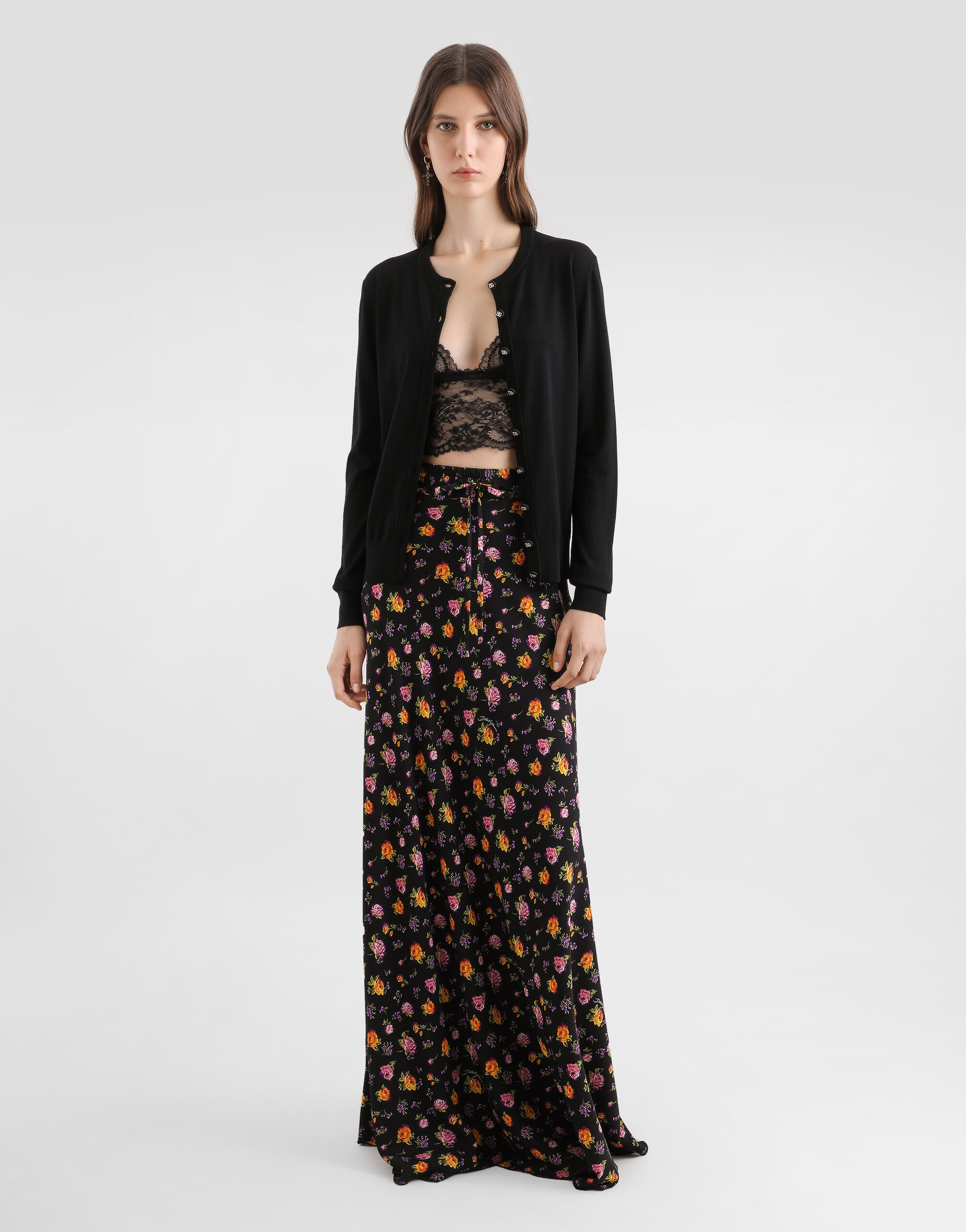 Small rose bouquets-print flared charmeuse skirt in Multicolor for