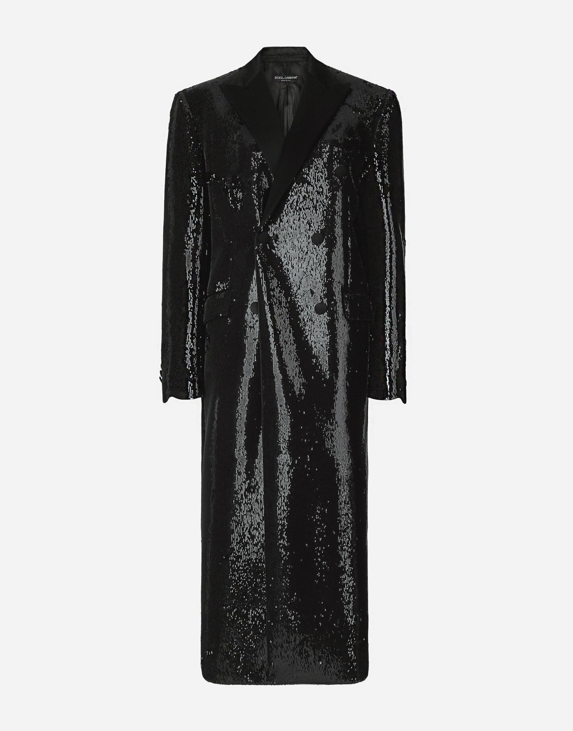 Dolce & Gabbana Zweireihiger Mantel mit Mikropailletten-Stickerei Black F6JFFTMLRAB