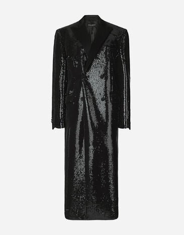 Dolce&Gabbana Zweireihiger Mantel mit Mikropailletten-Stickerei Schwarz F6DDXTGDB0R