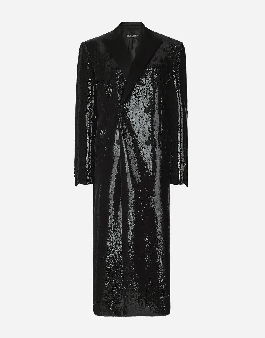 Micro-sequined double-breasted coat