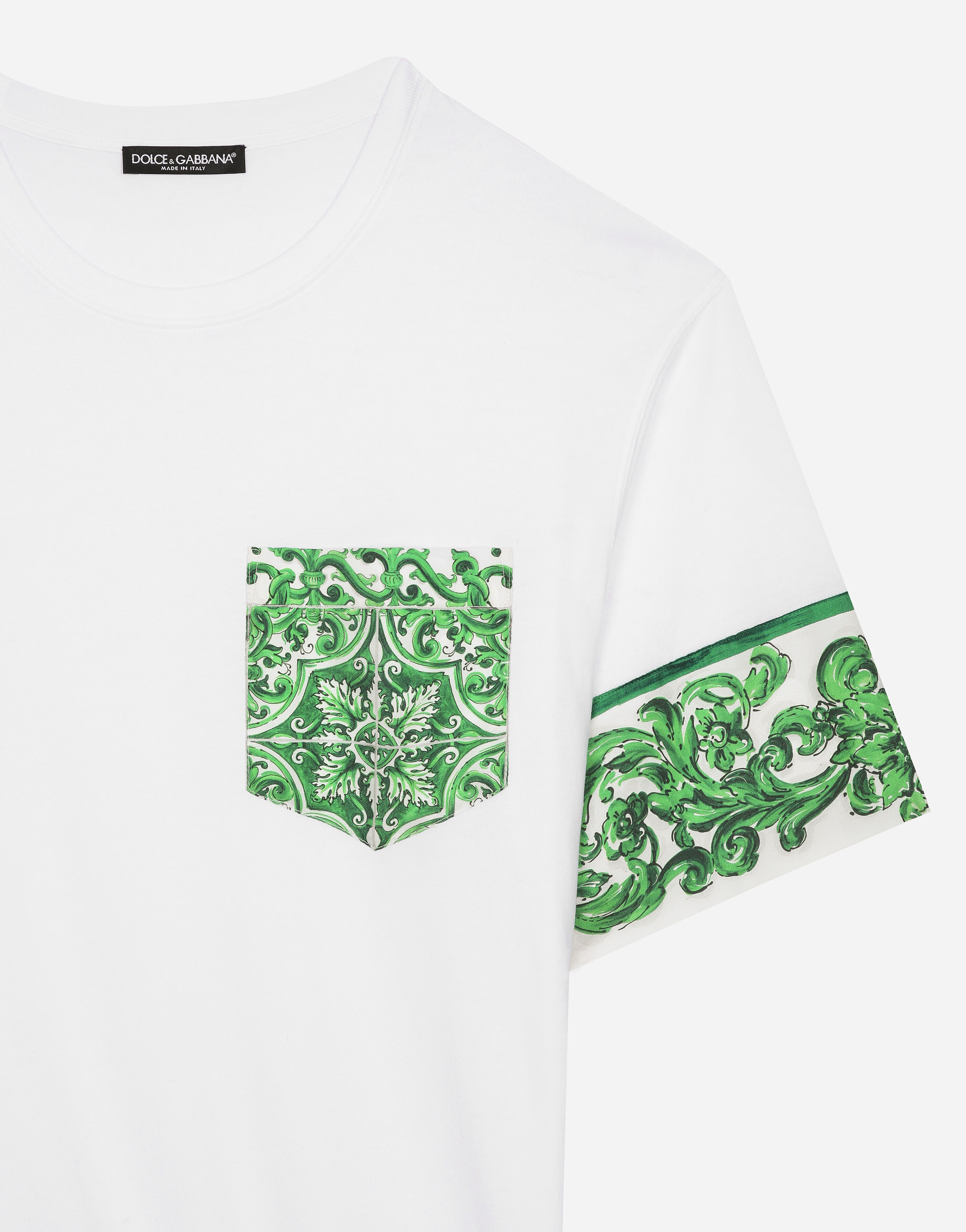 Cotton T-shirt with majolica-print breast pocket in White