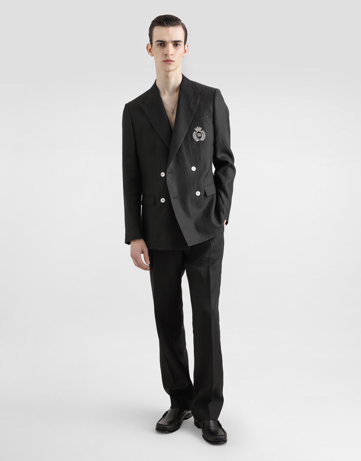 Dolce & Gabbana Double-breasted linen jacket with patch Black G2TJ2ZFU4K6