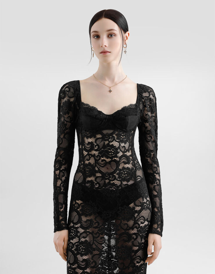 Dolce & Gabbana Longuette-Kleid aus floraler Spitze mit BH-Cups Schwarz F6JMRTFLUBV
