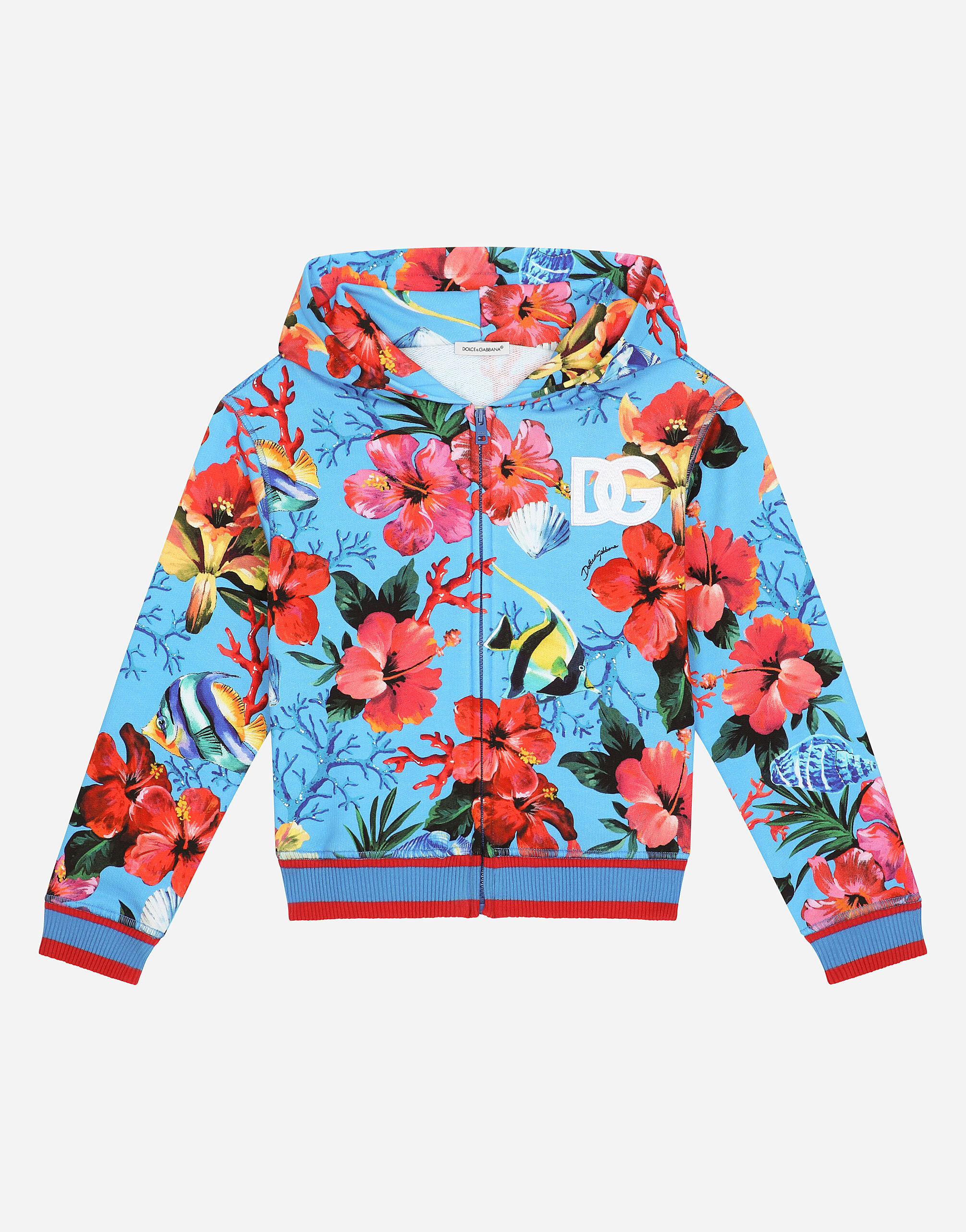 Dolce & Gabbana Zip-up hoodie with fish and flower print White L4JTHVG7NYA
