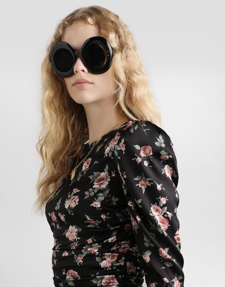 Dolce & Gabbana Drapiertes Kleid aus Satin mit Vintage-Rosen-Print Mehrfarbig F60G3TFSA8H