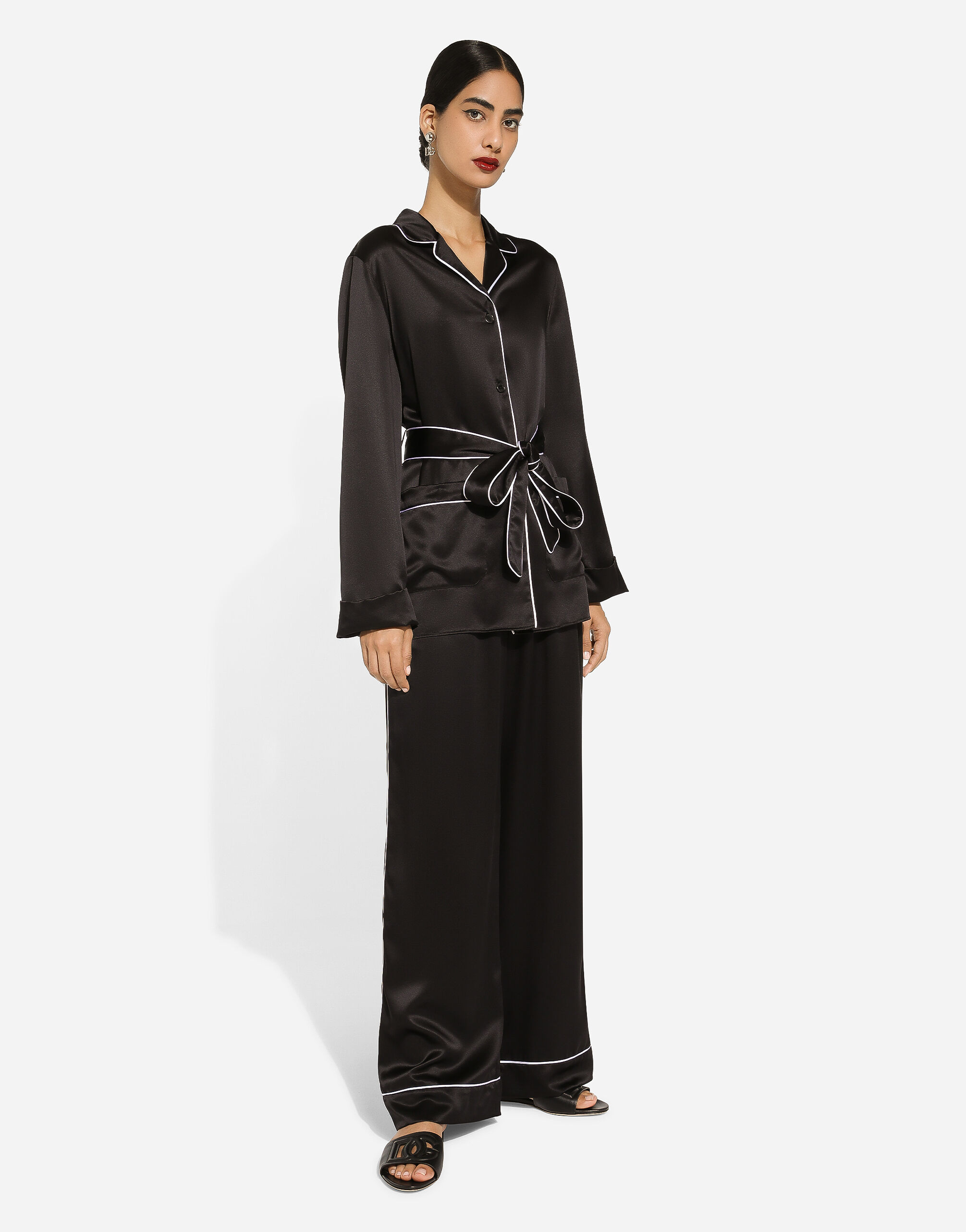 Silk pajama pants with contrasting piping in Black for Women Dolce Gabbana US