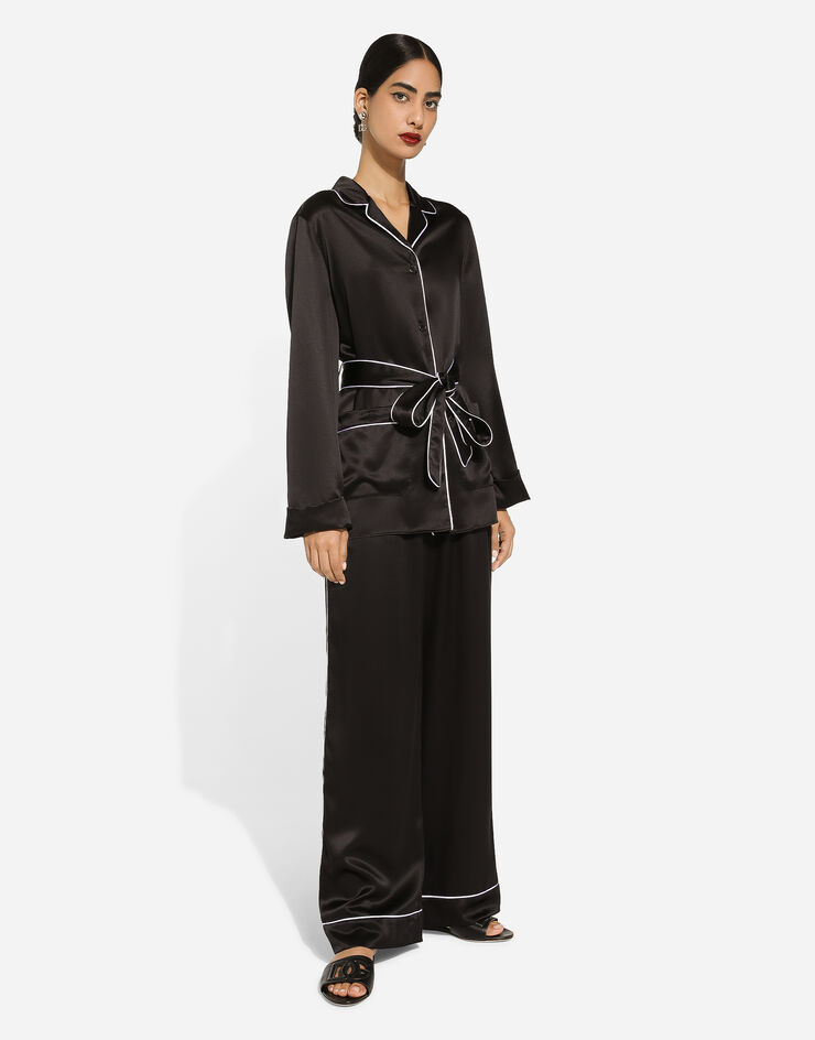 Silk pajama pants with contrasting piping in Black for