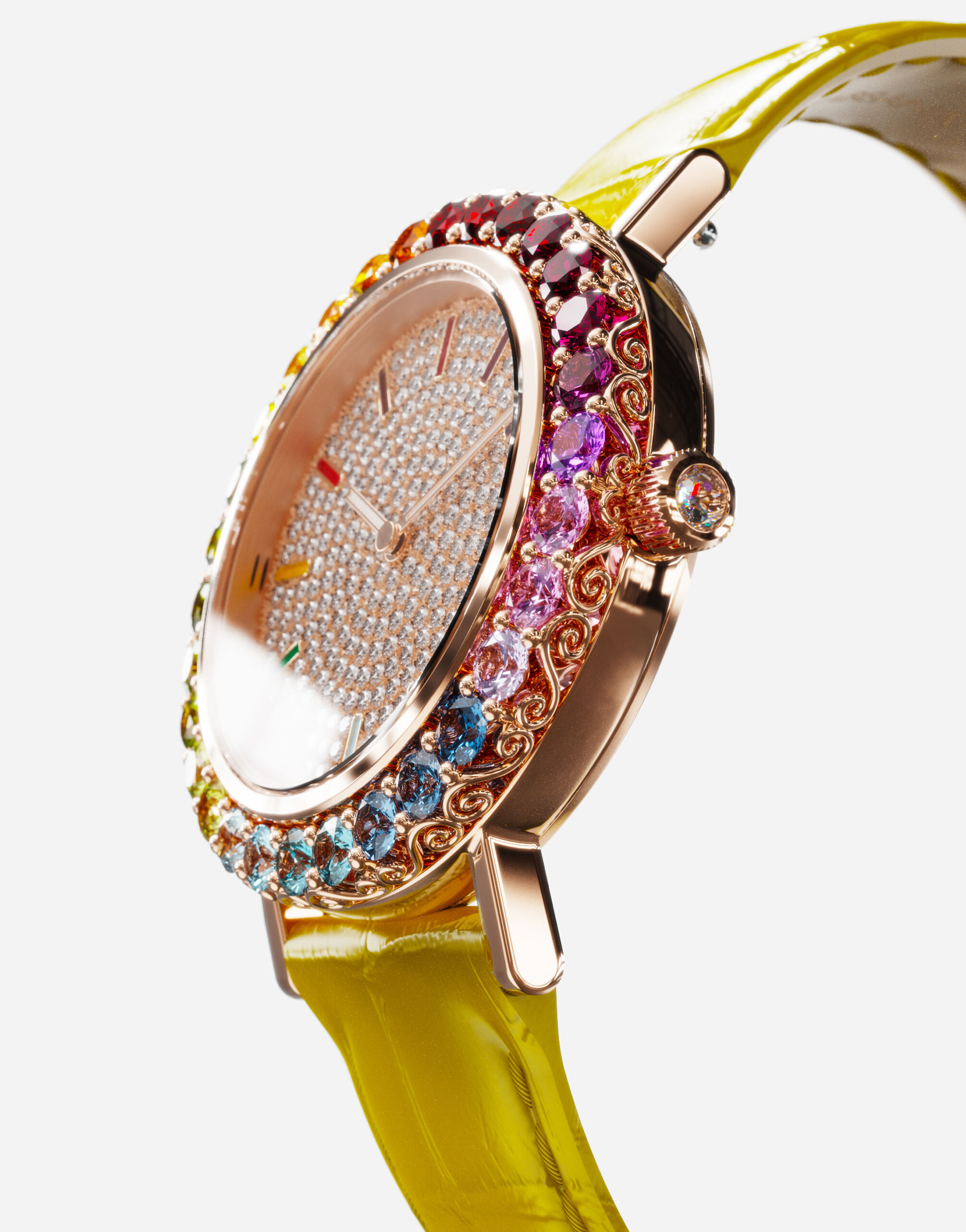 Iris watch in rose gold with multi colored fine gems and diamonds