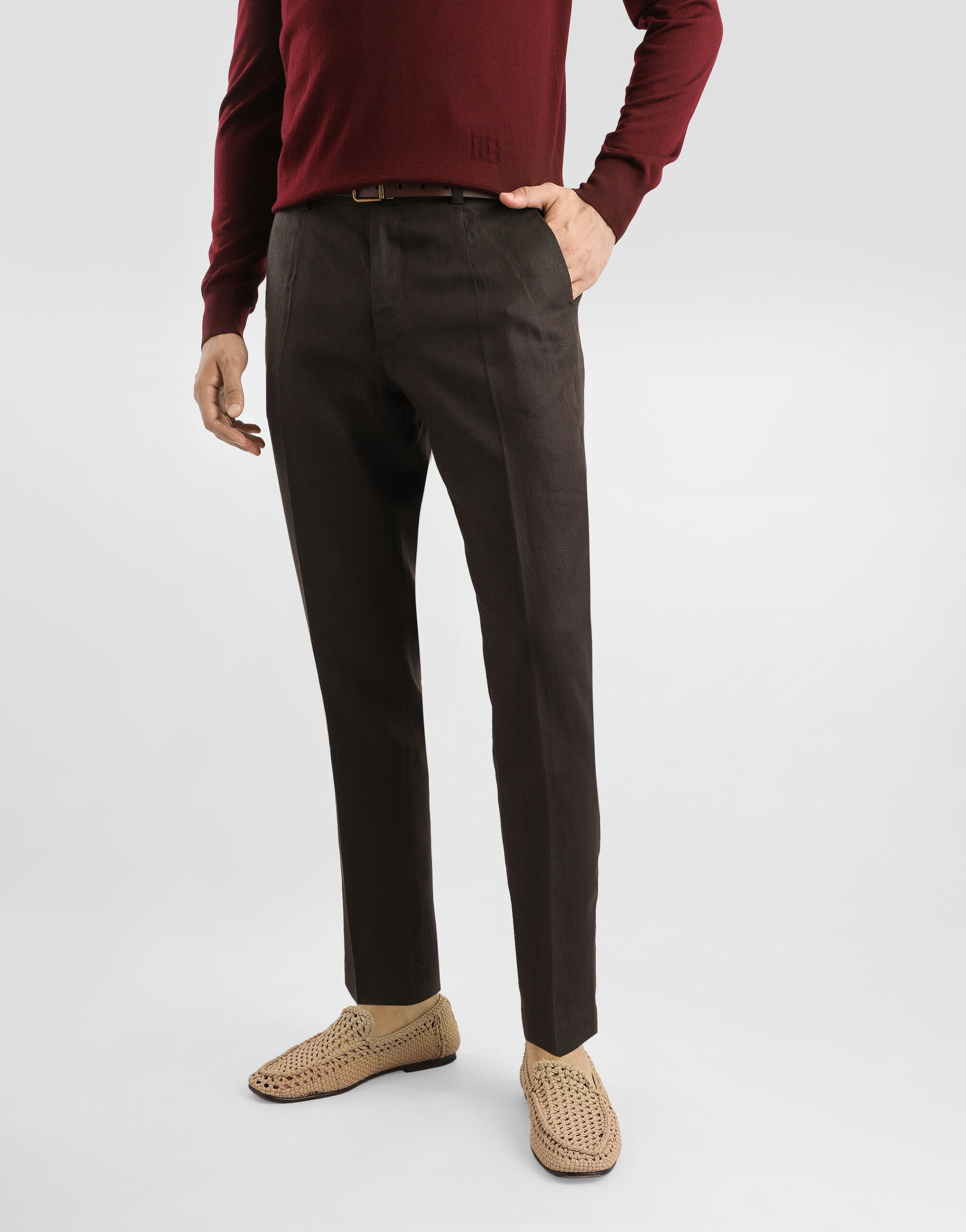 Linen pants with logo label in Brown for Men | Dolce&Gabbana®