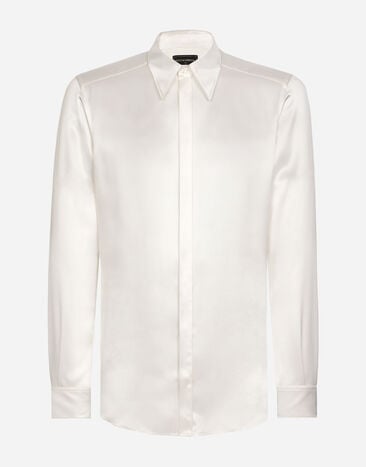 Dolce & Gabbana Silk satin Martini-fit shirt with metal DG logo White G5IF1THI1QC