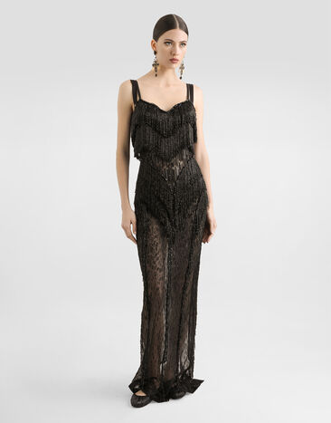 Dolce & Gabbana Long marquisette dress with sequined fringe embellishment Black F6TPAZGDC1E