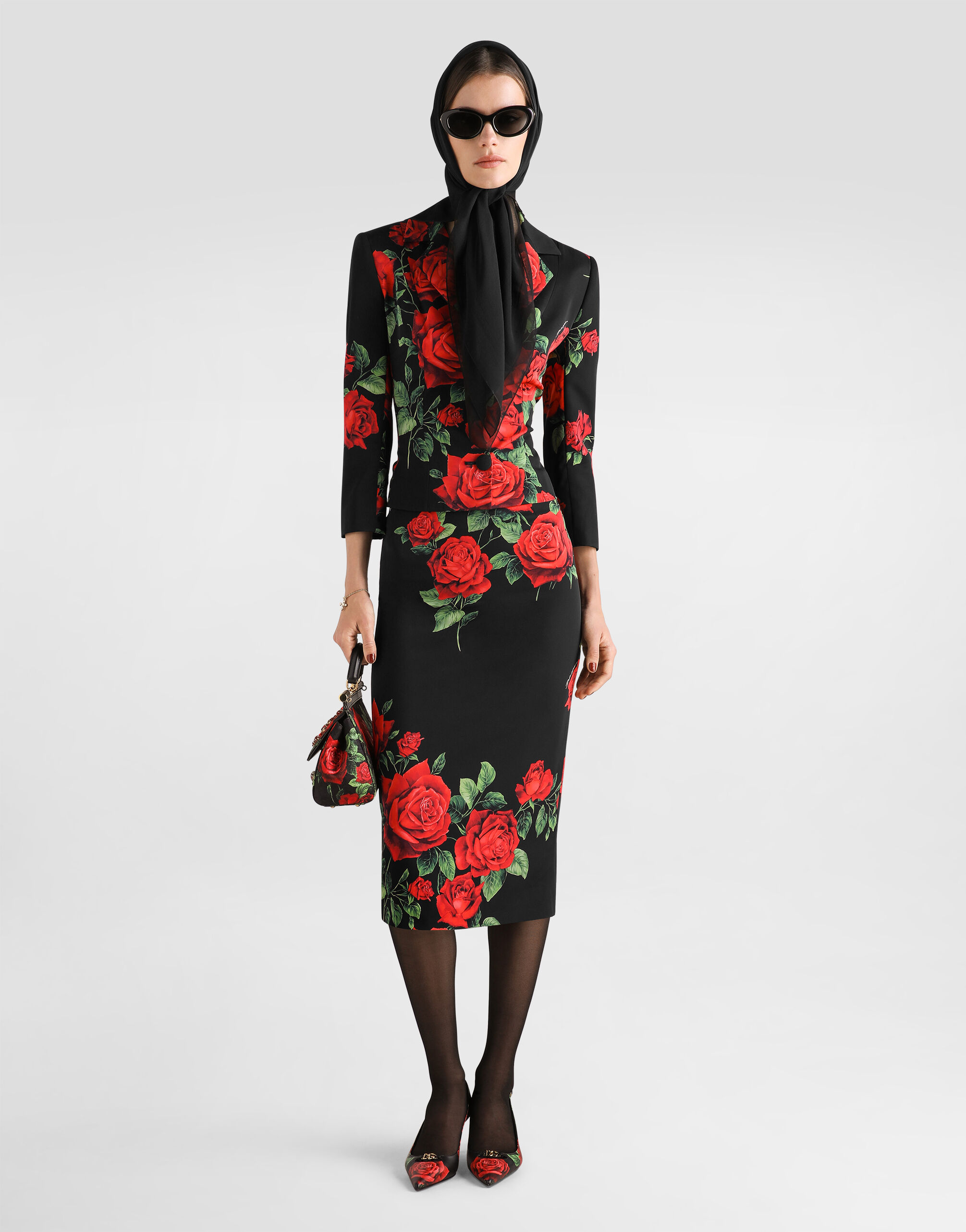 Rose-print charmeuse single-breasted jacket in Multicolor for