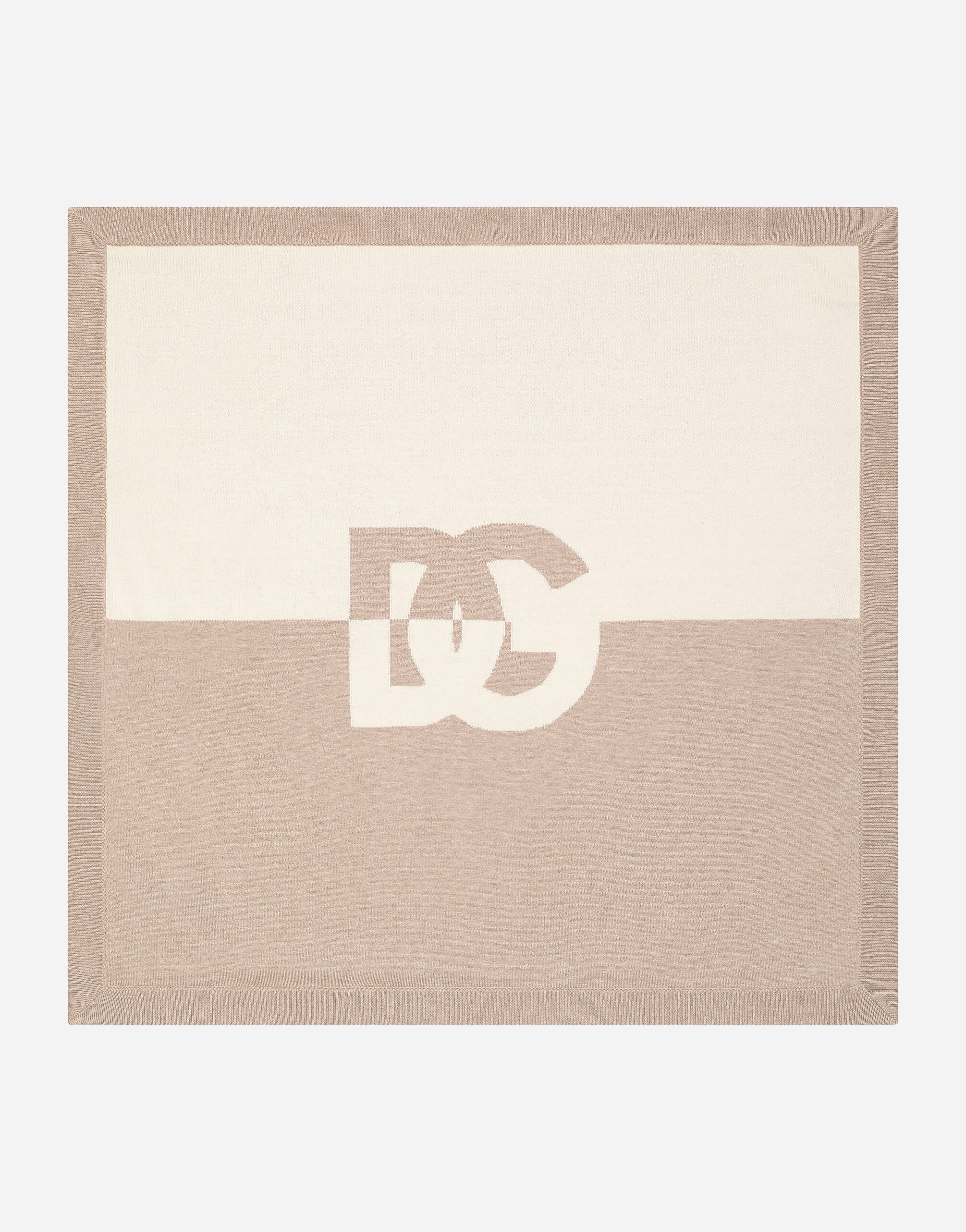 Dolce & Gabbana Plain-knit cotton blanket with DG logo Beige L1KWF6JAWX7