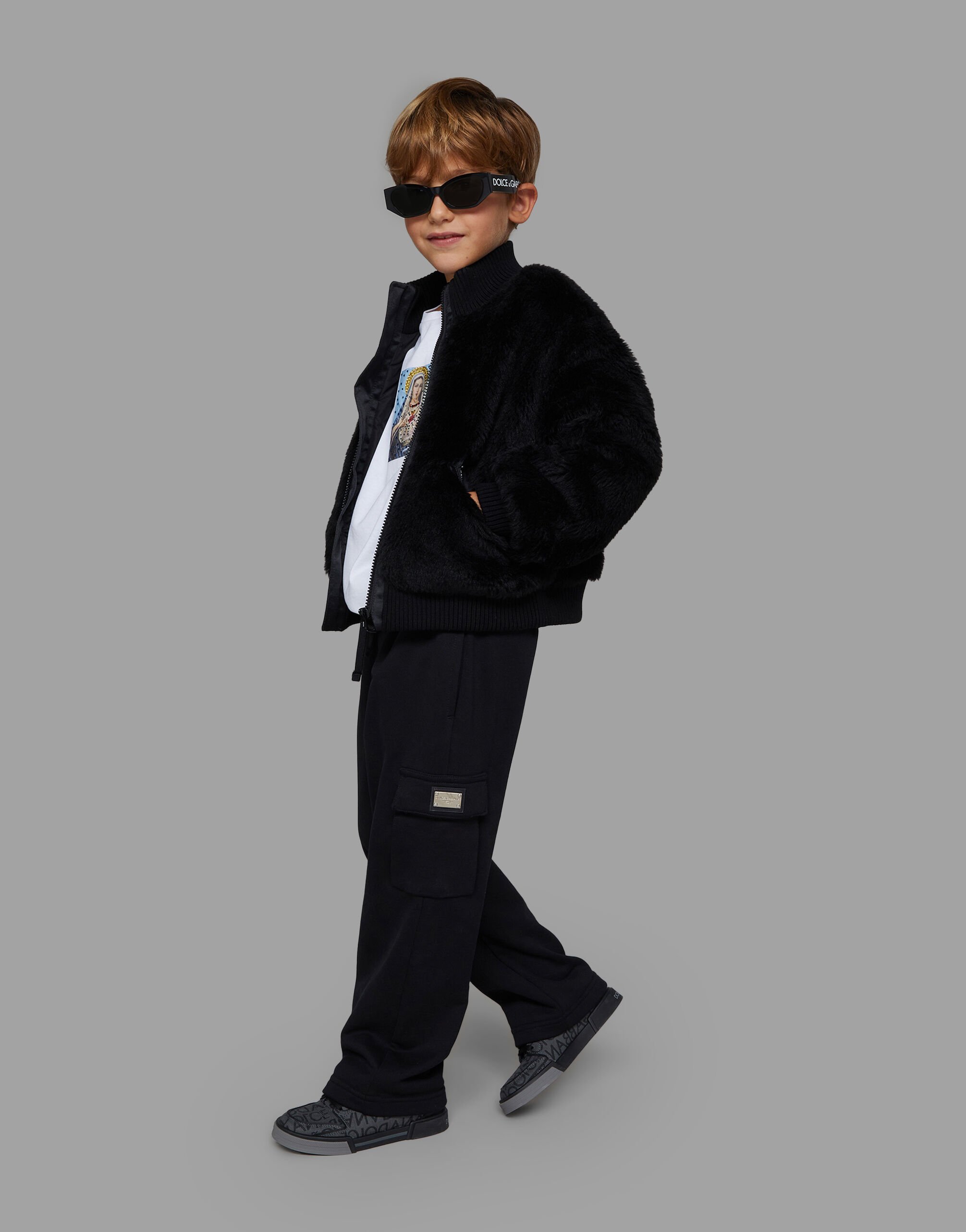 Faux fur bomber jacket with tag en Noir pour garcon Dolce Gabbana