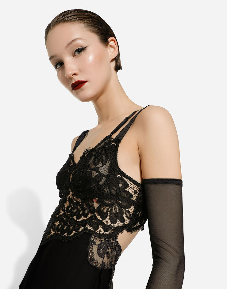 Dolce&Gabbana Long silk chiffon dress with lace body Black F6DKITFU1AT