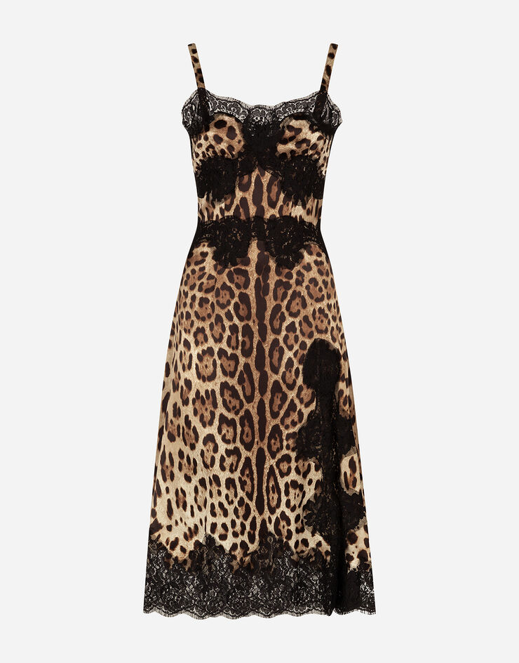 Dolce & Gabbana Abito lingerie midi in raso stampa leopardo con bordi in pizzo Multicolore F6A5DTFSAXY