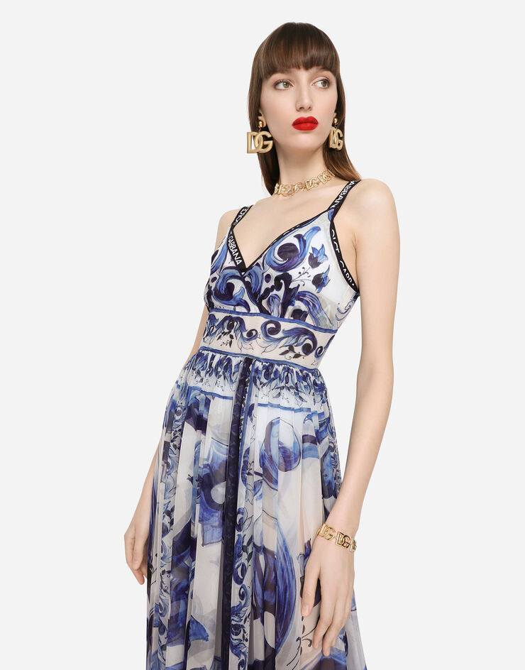 Dolce & Gabbana Vestido largo de chifón con estampado de mayólica Multicolor F6J8BTHI1BJ
