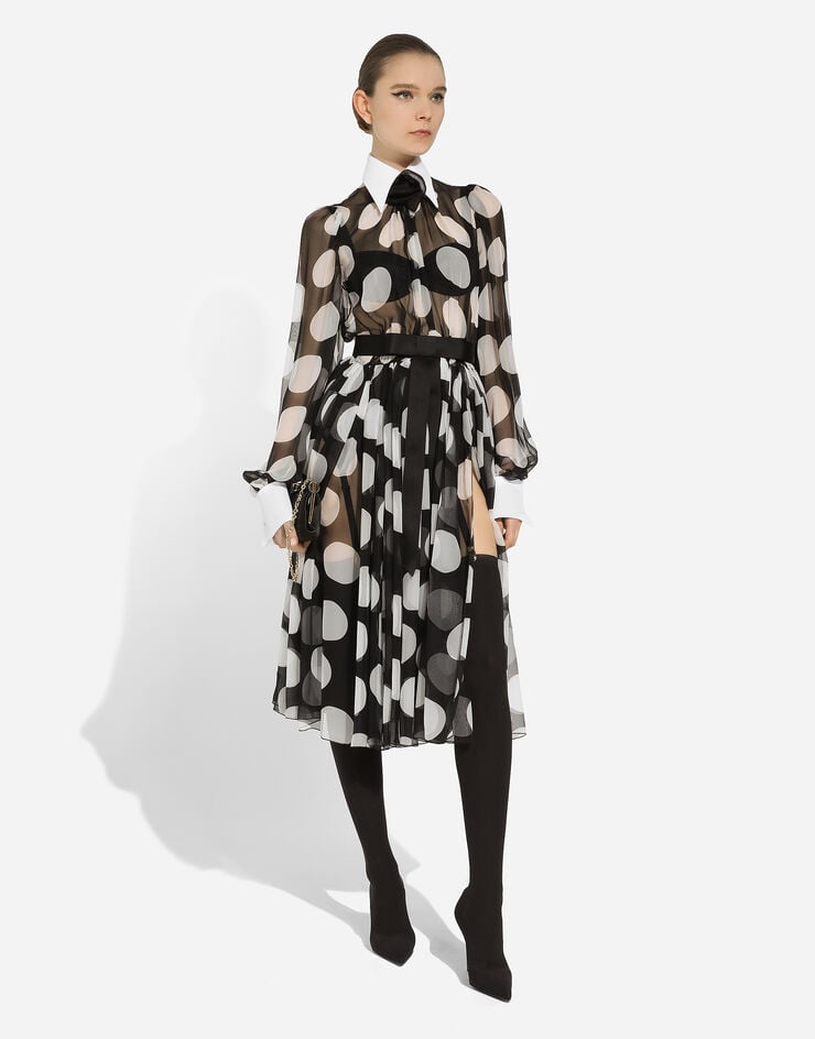 Dolce & Gabbana Vestido longuette de chifón con estampado de lunares y detalles de piqué Imprima F6JGHTHS10S