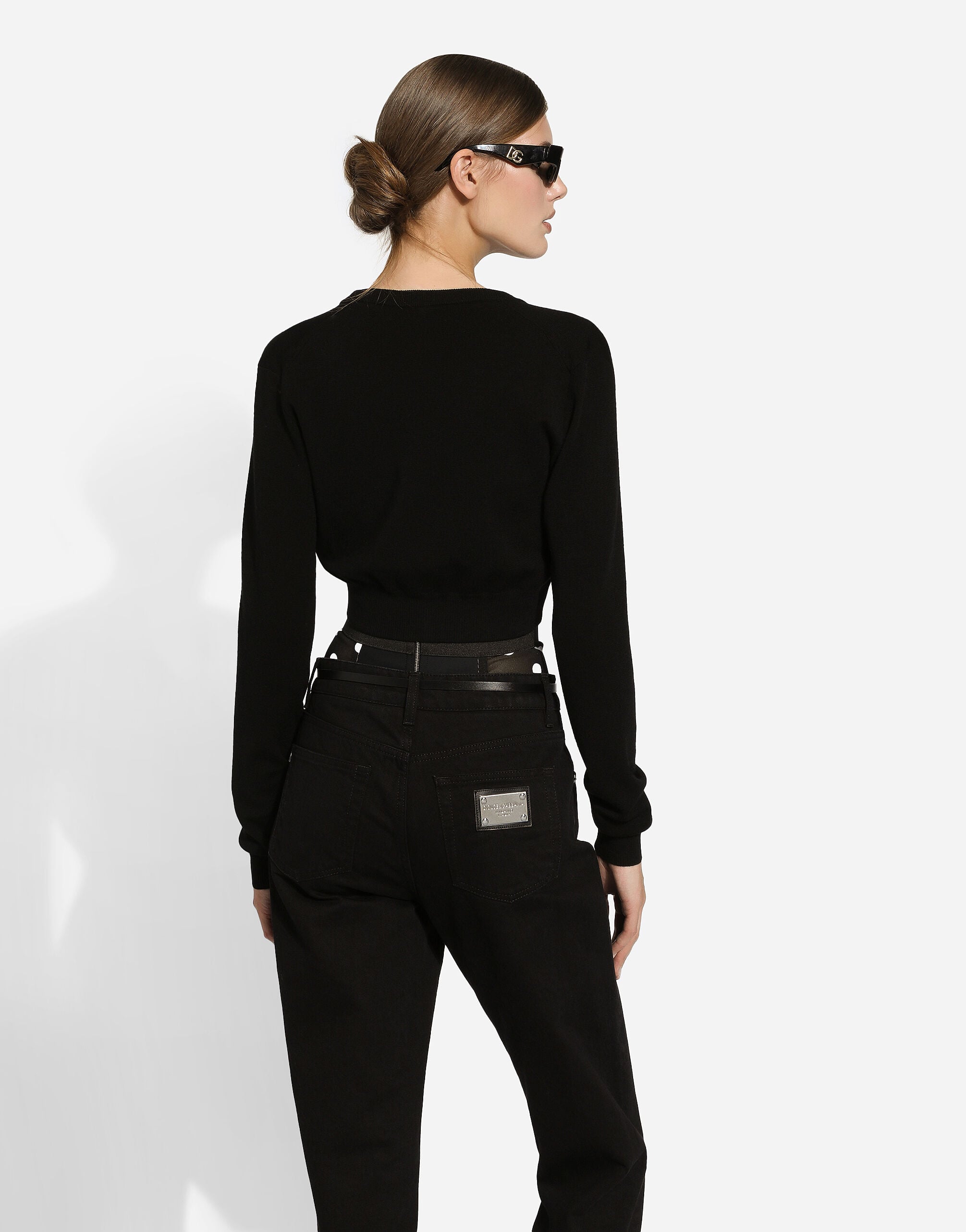 Wool cardigan with plunging necklace in Black for Women