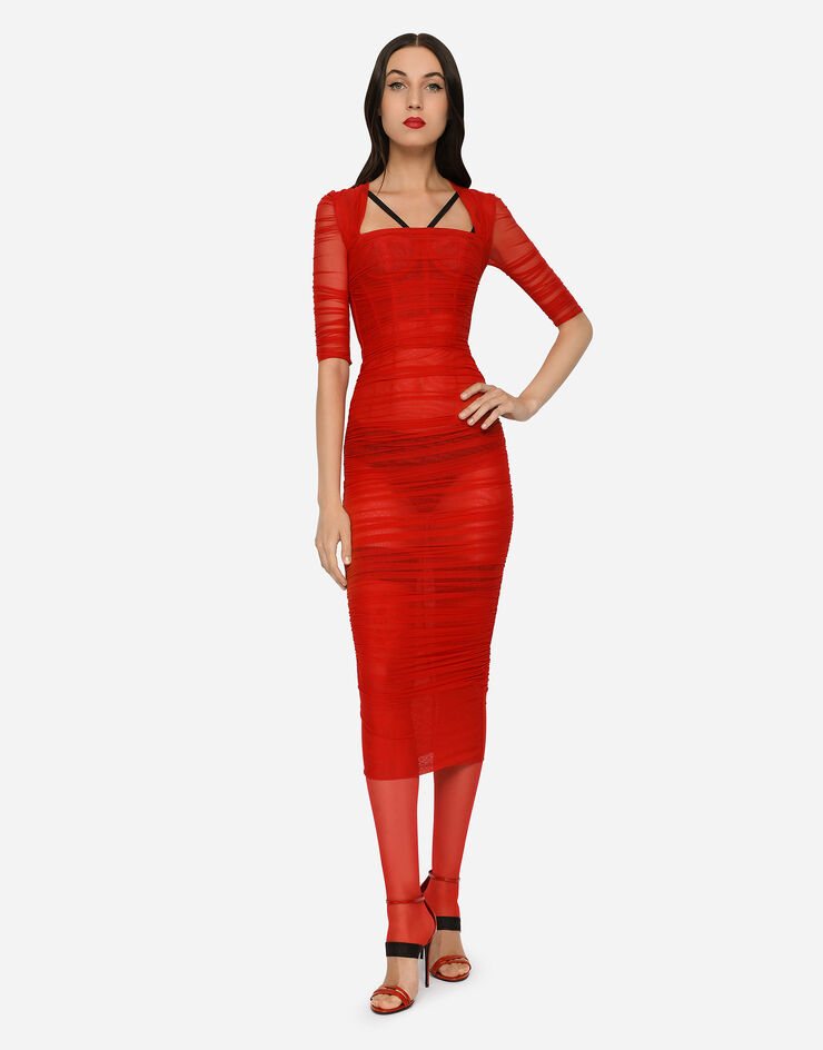 Dolce & Gabbana Tulle calf-length dress with draping Red F6XD3TFLRDA