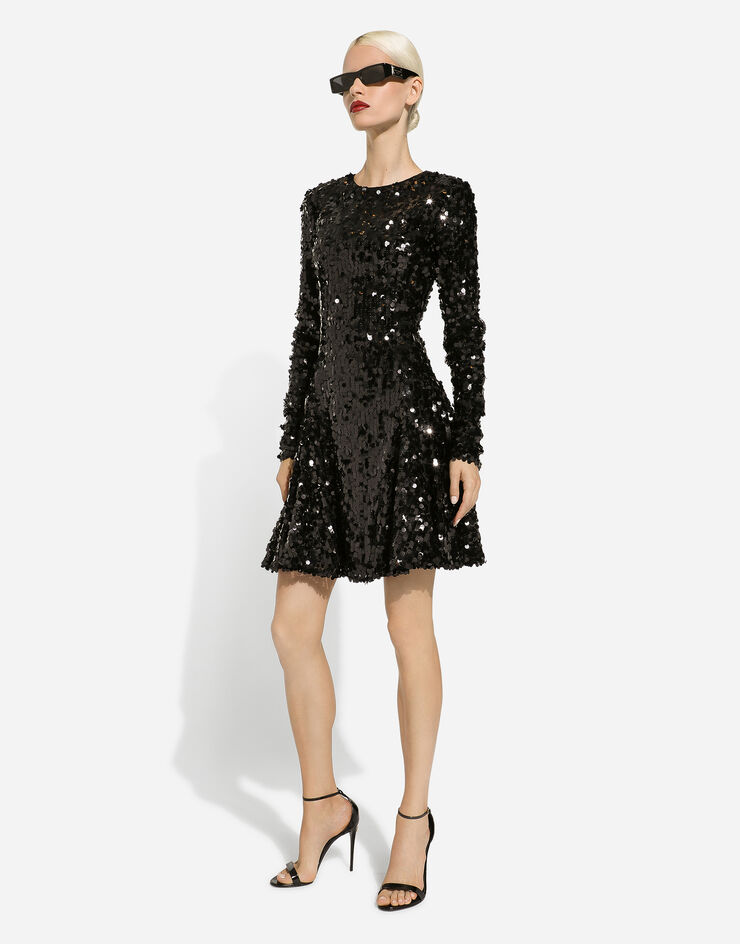 Dolce & Gabbana فستان قصير بأكمام قصيرة وترتر أسود F6DHCTFLSA8
