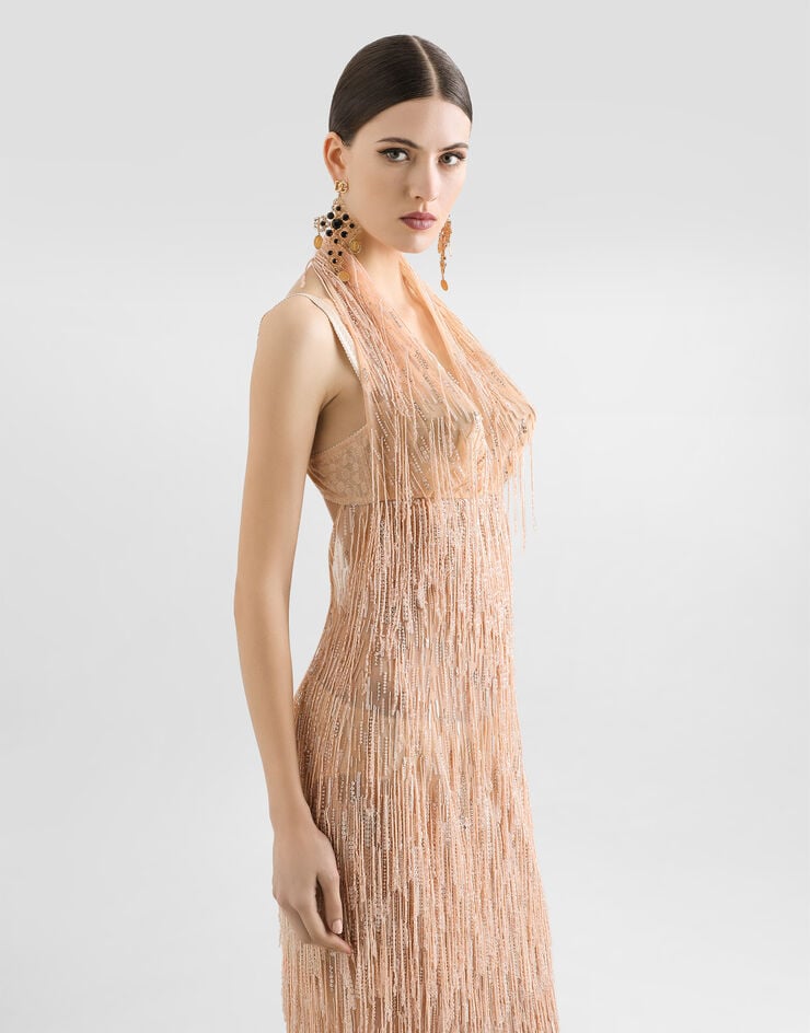 Dolce & Gabbana Robe mi-longue avec franges brodées de paillettes Multicolore F6TQBZGDC1Q