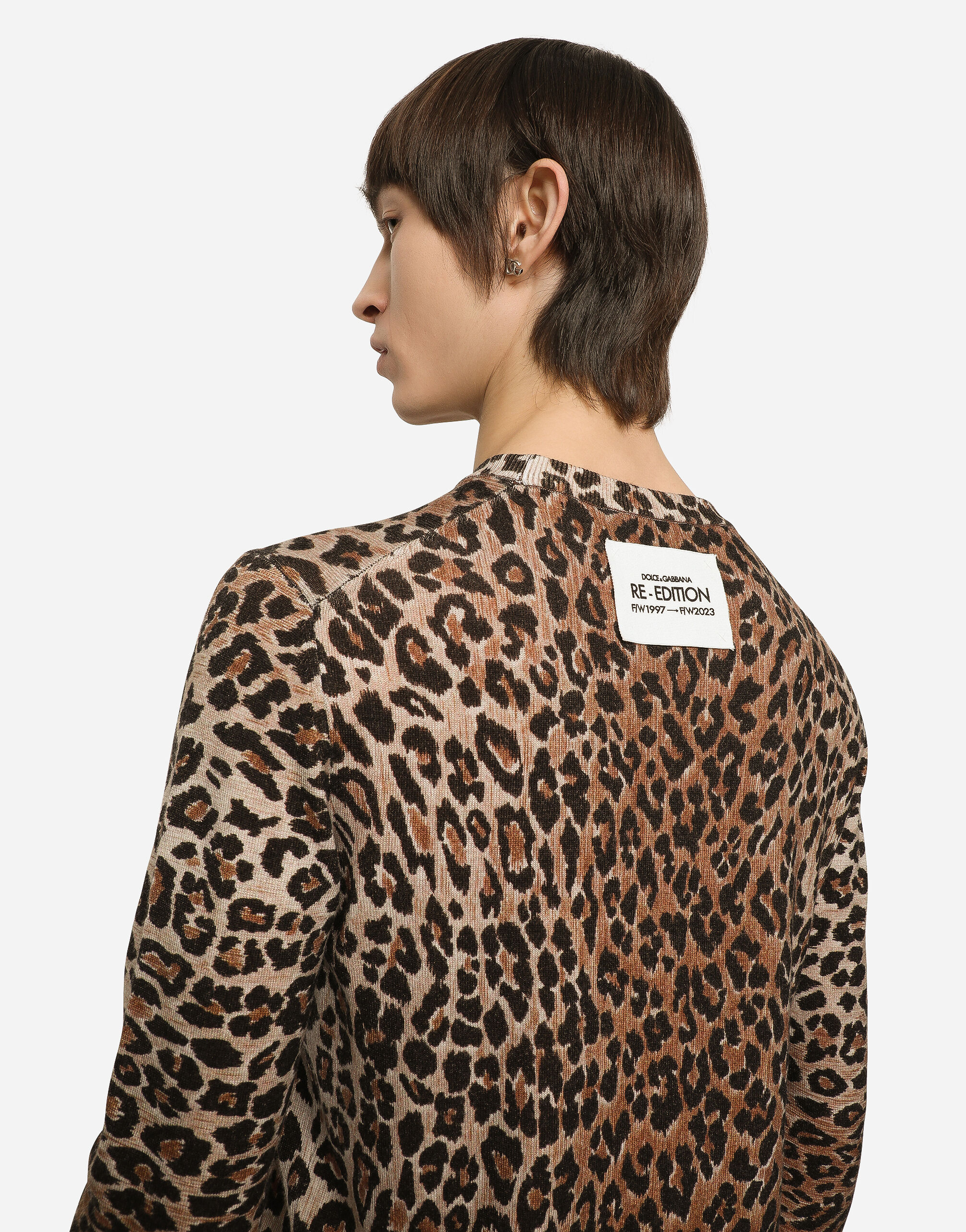 Leopard print round neck wool sweater in Animal Print for Men Dolce Gabbana
