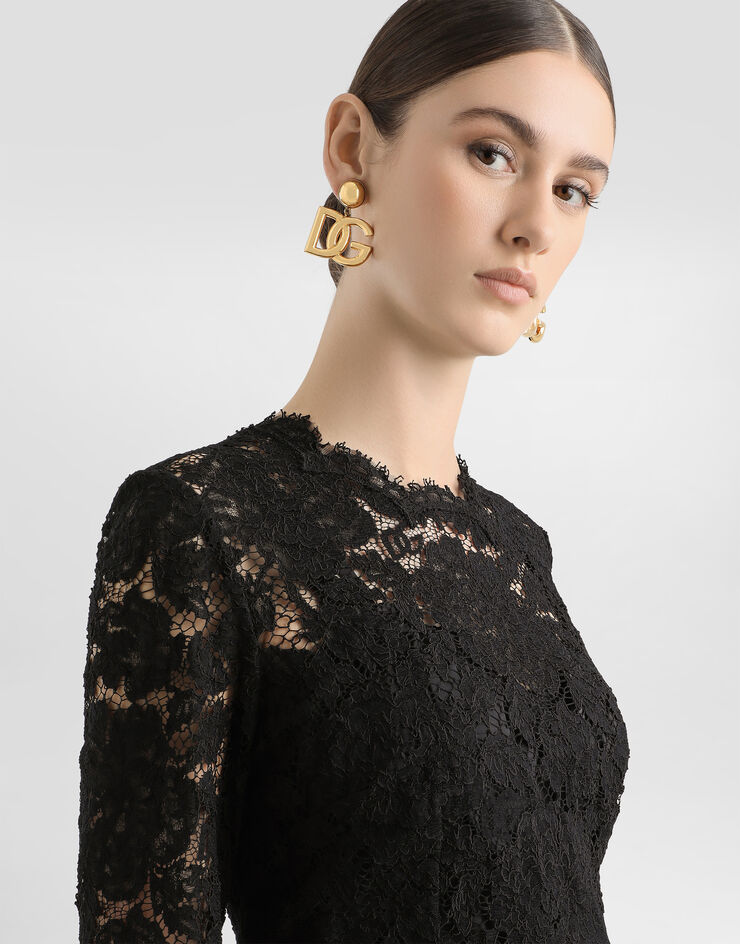 Dolce & Gabbana Longuette-Langarmkleid aus elastischer Spitze mit Logo Schwarz F6M0DTFLRE1