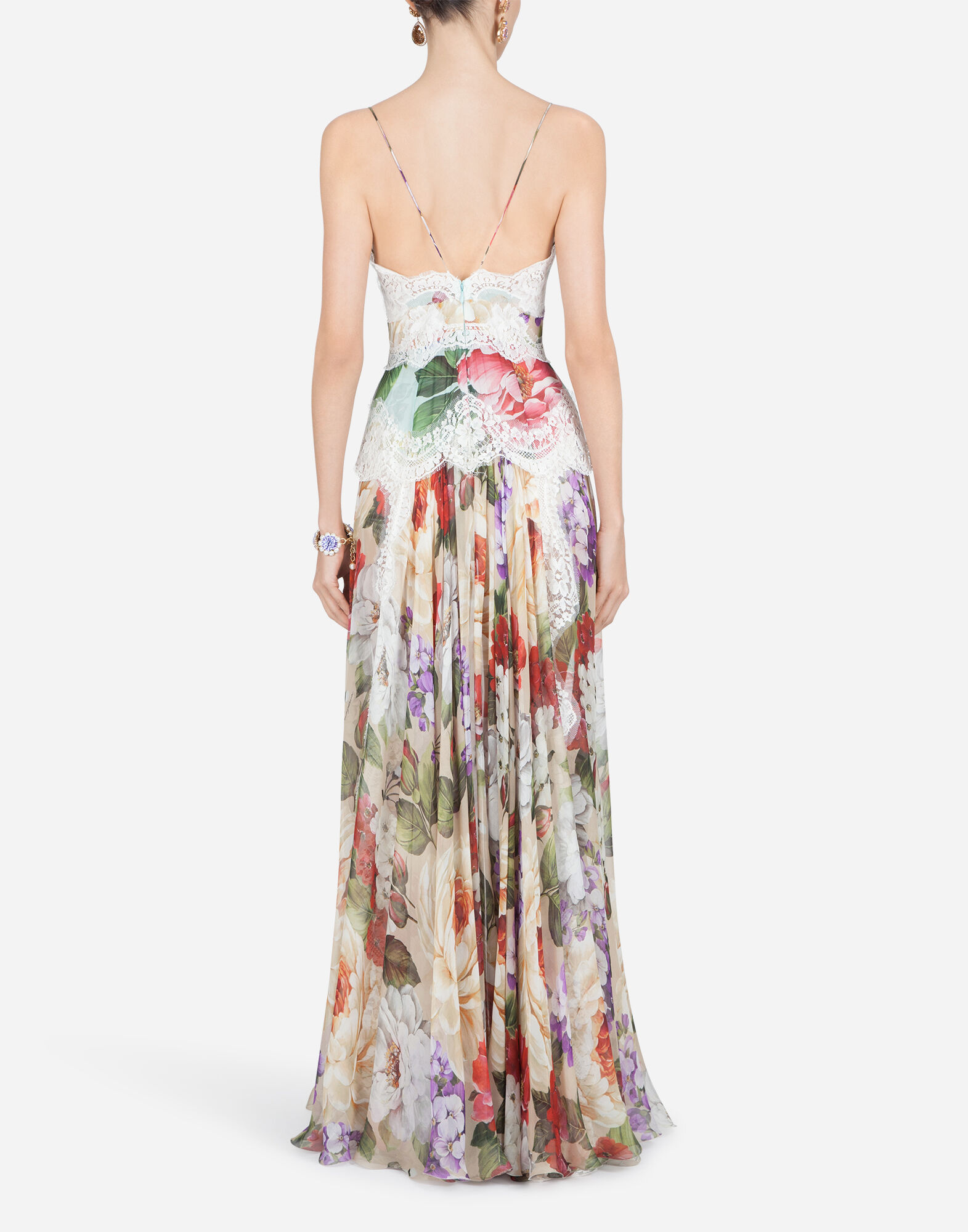 CHIFFON SLIP DRESS WITH MIXED FLORAL PRINT AND LACE DETAILS