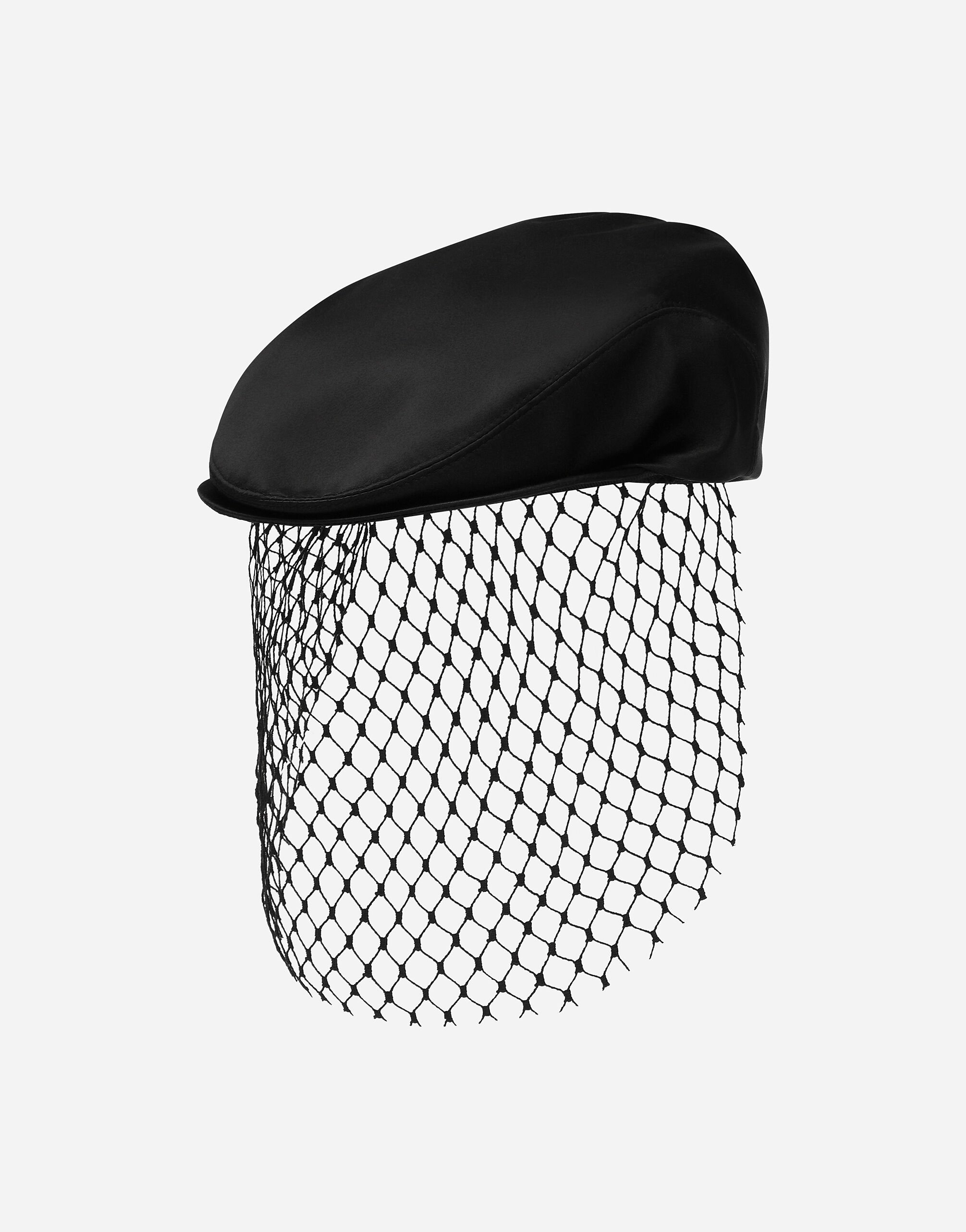 Silk satin flat cap with veil in Black for Women Dolce Gabbana