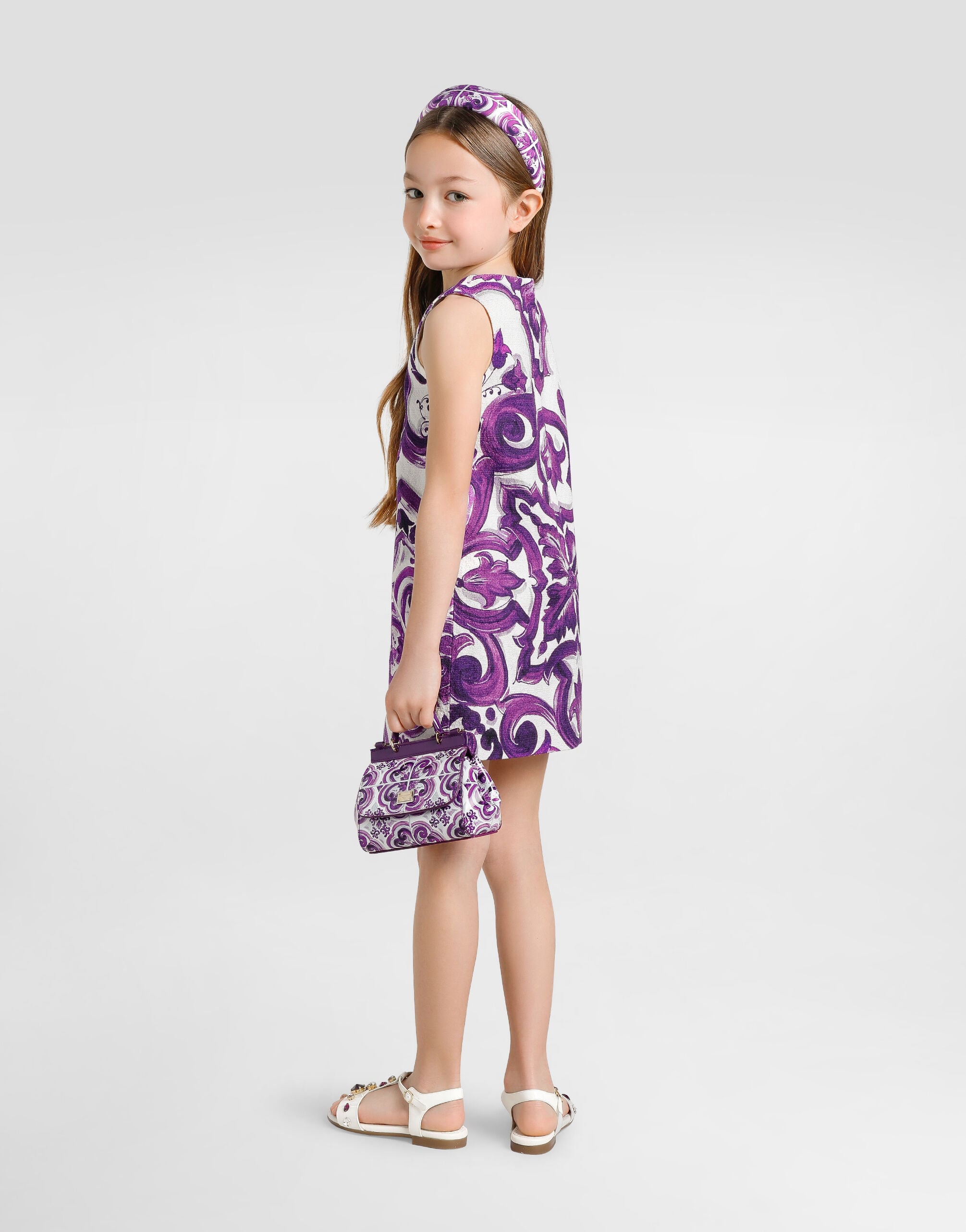 Majolica-print sleeveless mat dress in Multicolor for Girls
