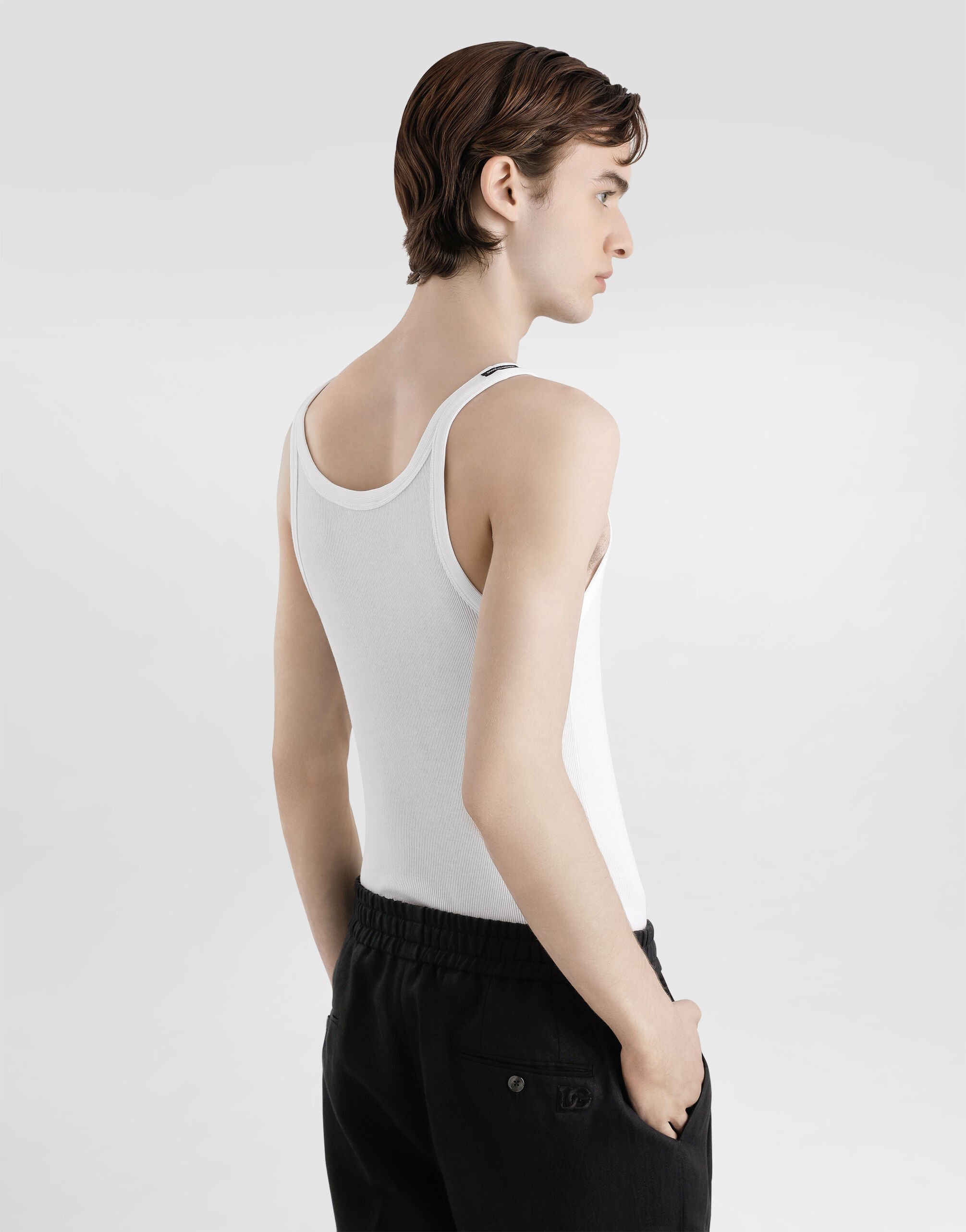 Cotton tank top with embroidery in White for Men