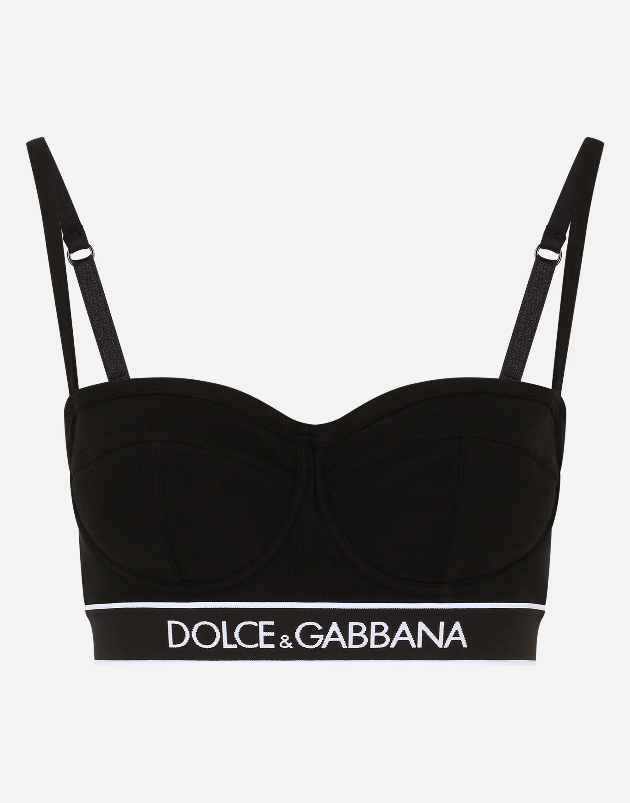 Fine rib jersey balconette bra with branded elastic in NERO da Donna Dolce Gabbana