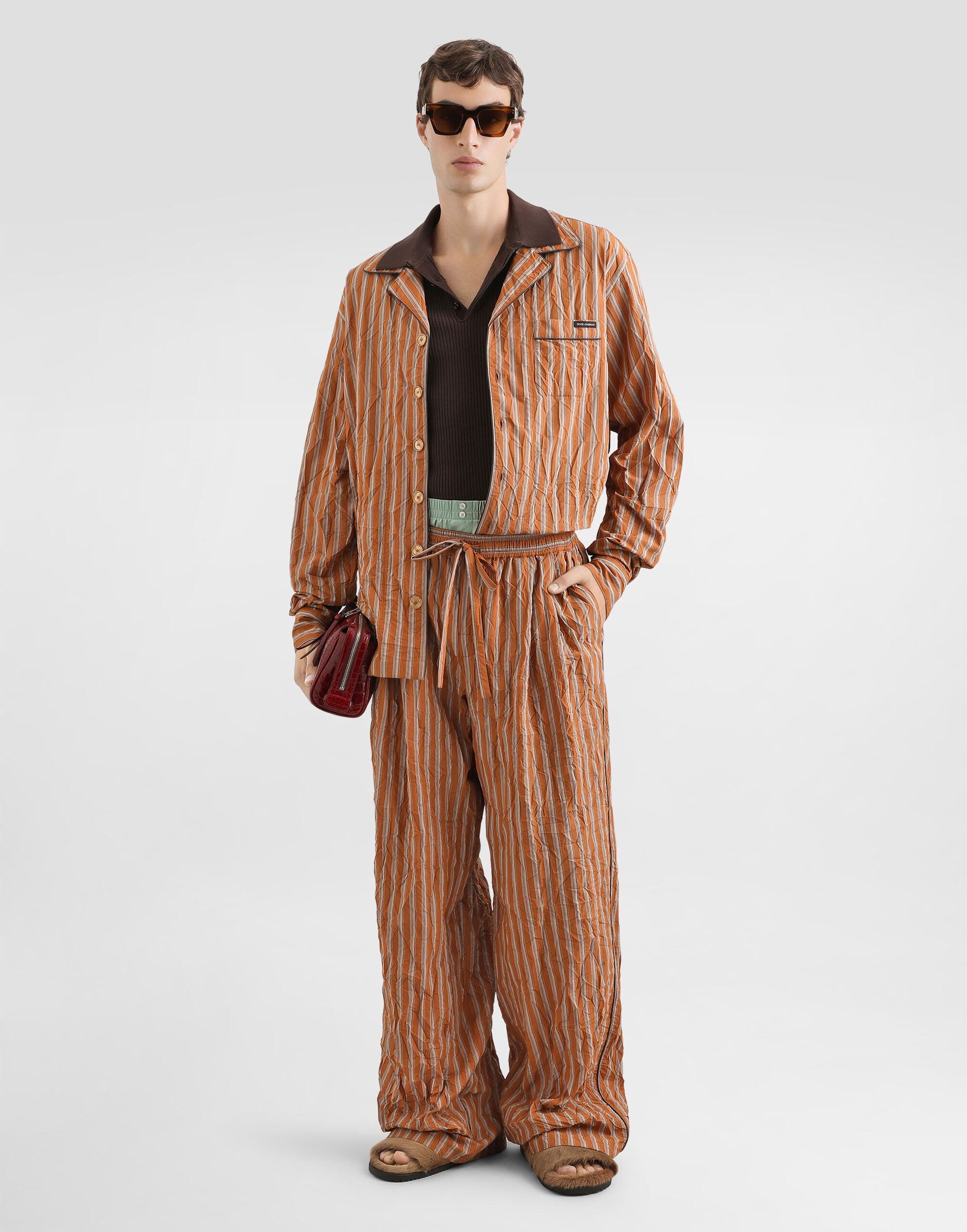 Crinkled striped fabric vanity trousers in Multicolor for Men