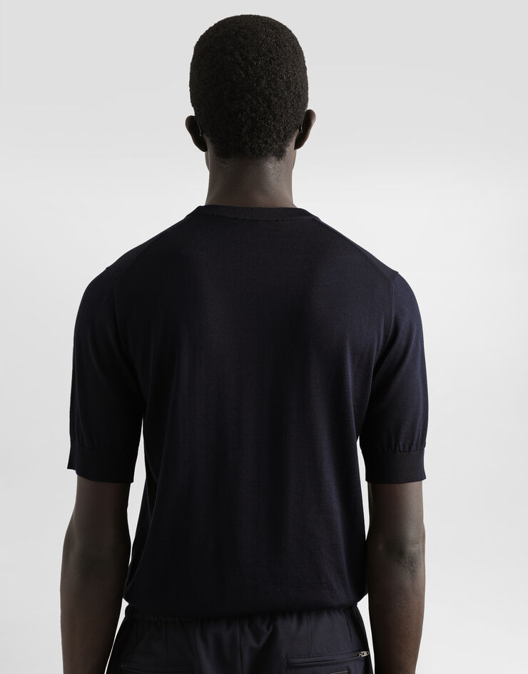Dolce & Gabbana Silk round-neck sweater with DG embroidery Blue GXX03ZJBSK3