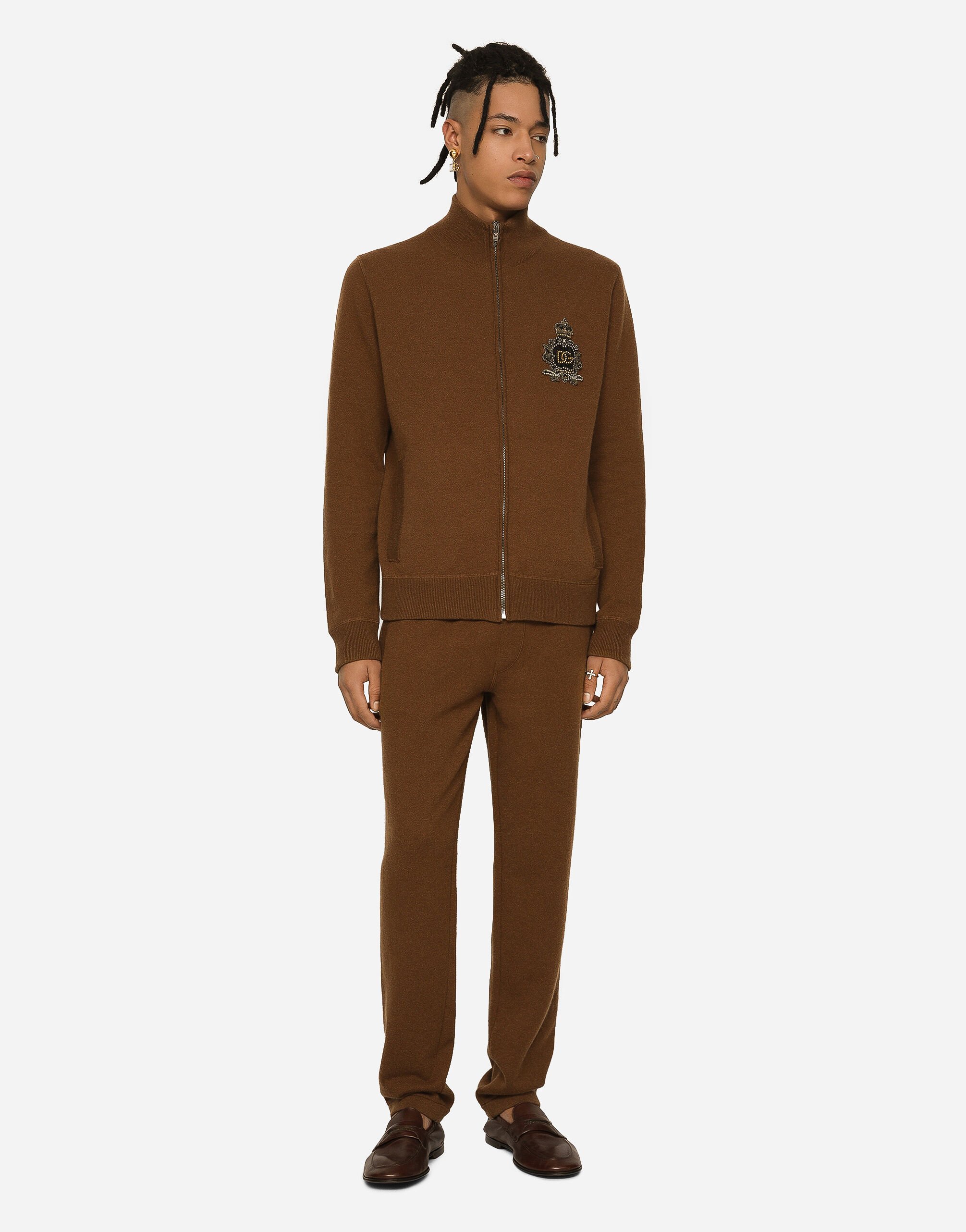 Wool and cashmere knit zip-up sweater with DG patch in Brown