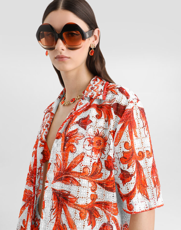 Dolce & Gabbana Majolica-print broderie anglaise lace shirt Multicolor F5T54TGDDRB