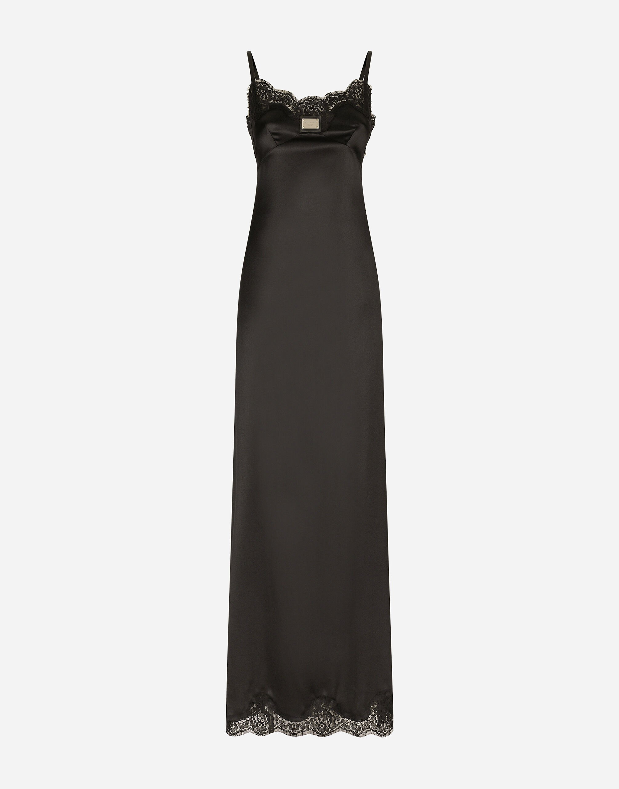 Dolce & Gabbana Vestido largo tipo combinación de satén con placa Dolce&Gabbana Negro F9M87LGDBVO