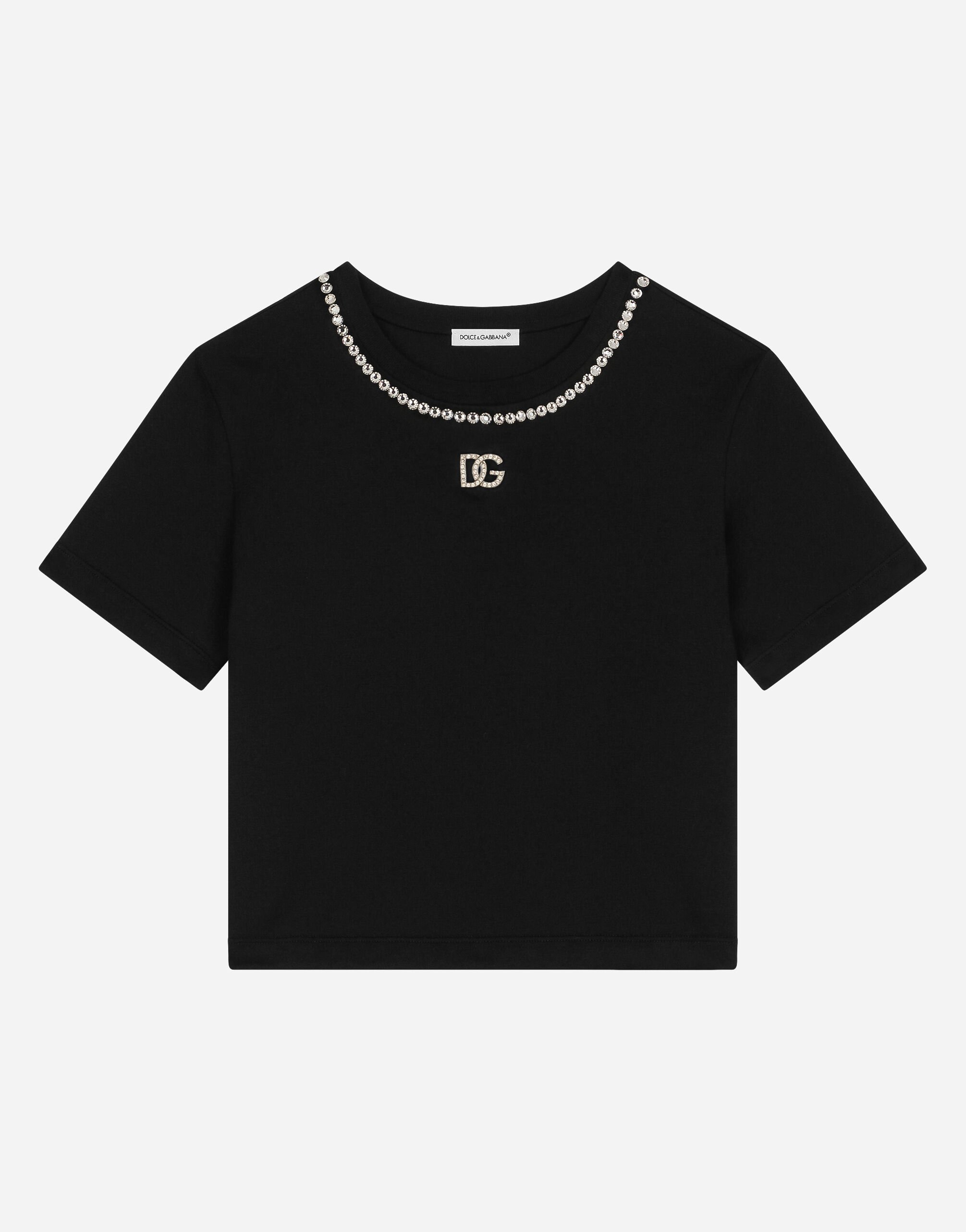 T shirt a manches courtes en jersey avec strass en Noir pour fille Dolce Gabbana