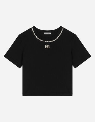 Dolce & Gabbana Short-sleeved jersey T-shirt with rhinestones Negro L5JW9NG7L1J