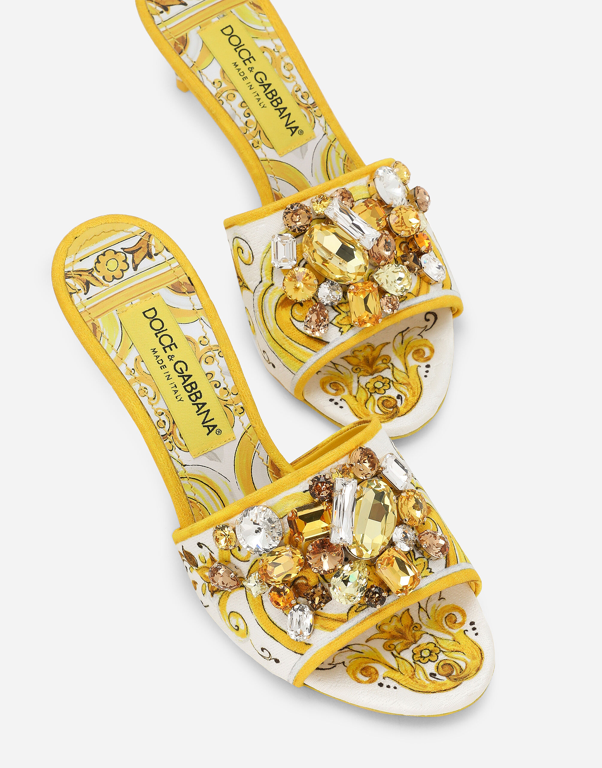 Majolica print brocade mules with embroidery in Yellow for Women Dolce Gabbana