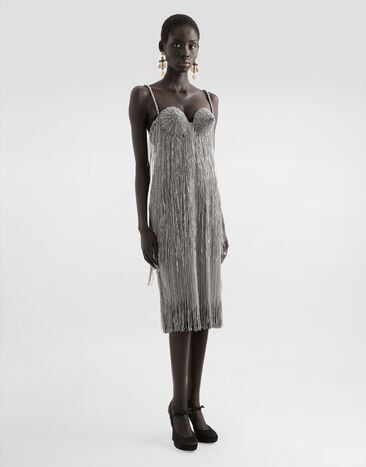 Dolce & Gabbana Marquisette calf-length dress with sequined fringing Multicolor F6TRMZGDC2M