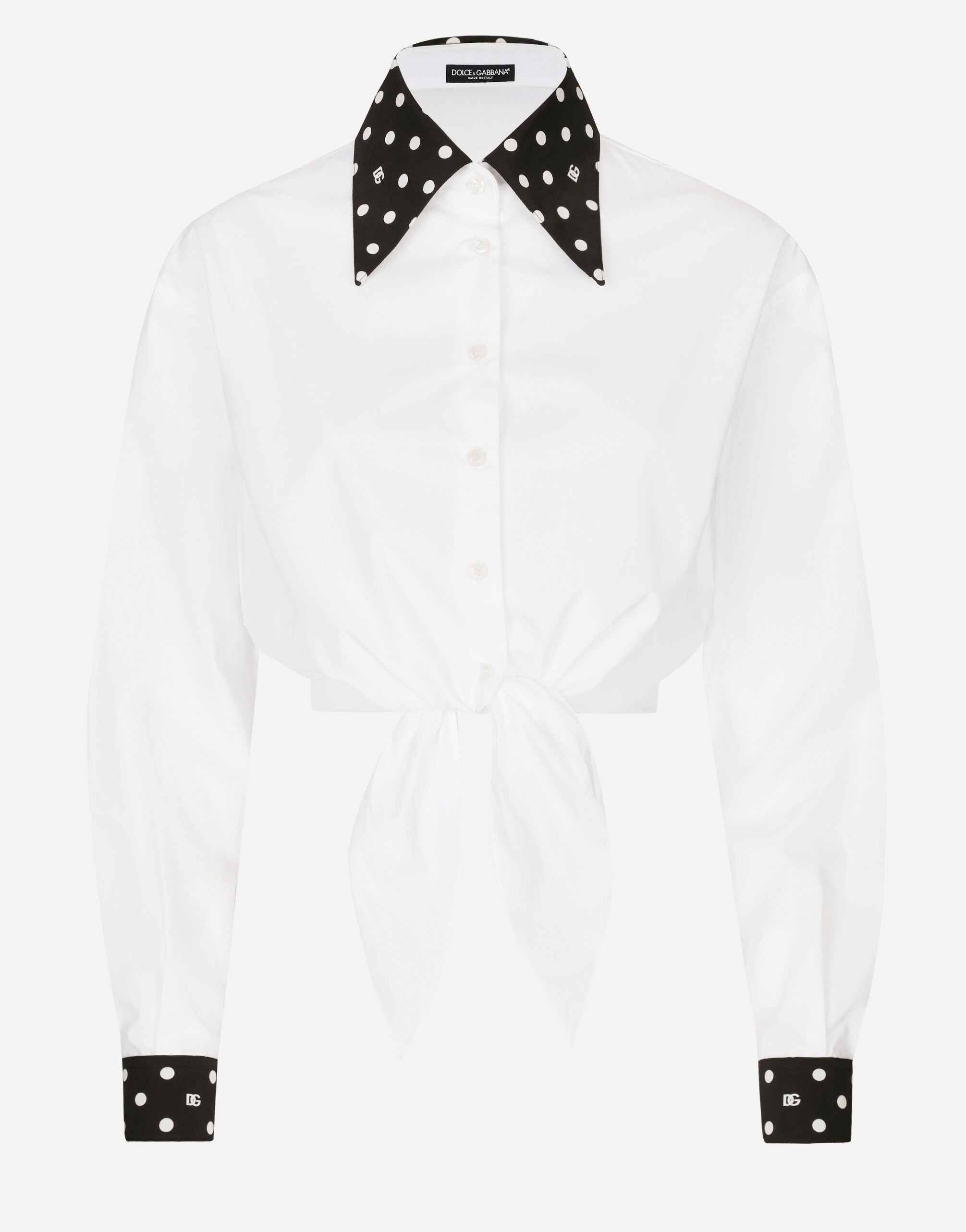 Dolce & Gabbana Camisa cropped con nudo en la cintura de algodón con estampado de lunares Imprima F79FOTFSA64