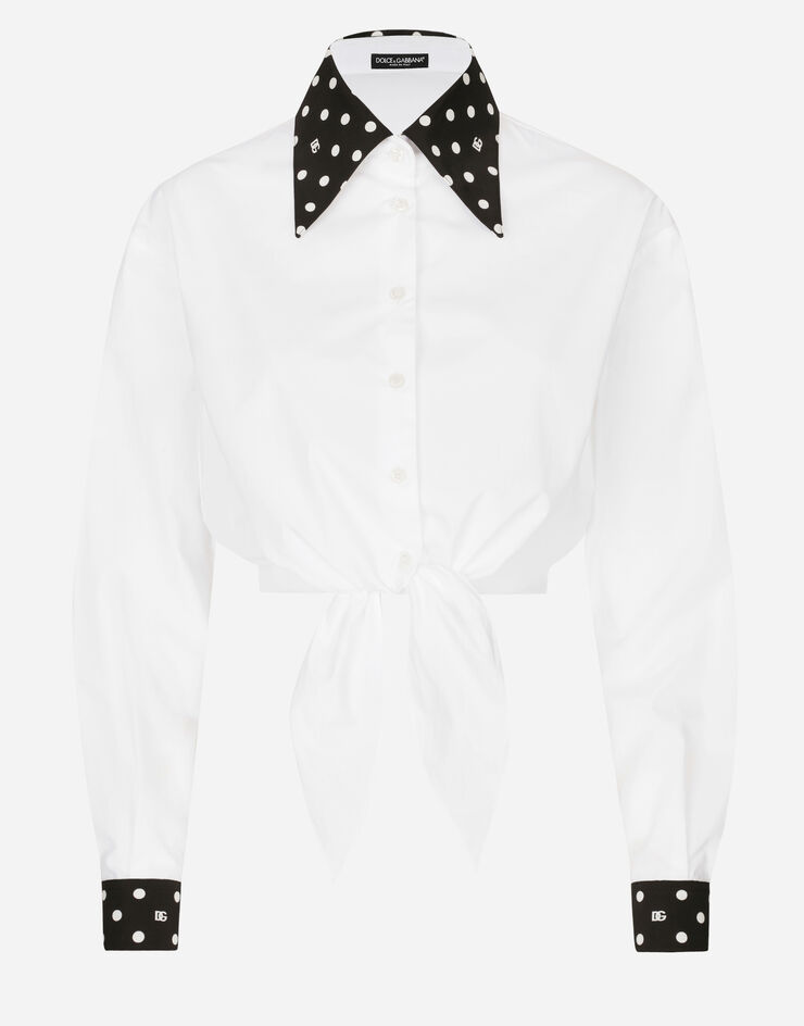 Dolce & Gabbana Camisa cropped con nudo en la cintura de algodón con estampado de lunares Blanco F5P61TGDCMO