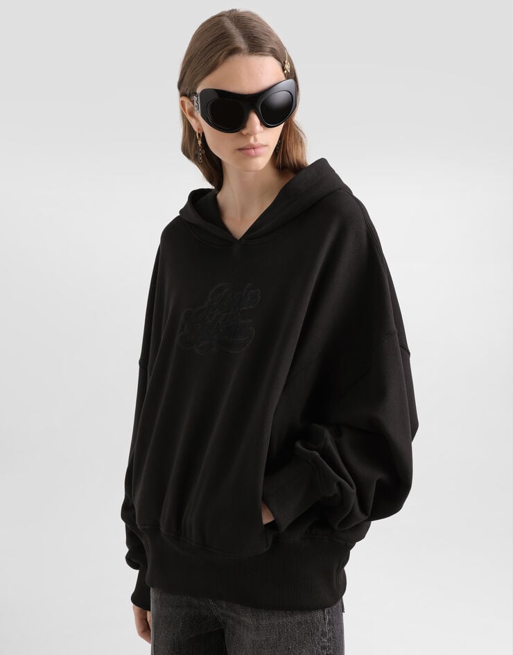 Dolce & Gabbana Fleece hoodie with patch Black F9U32ZGDDMA
